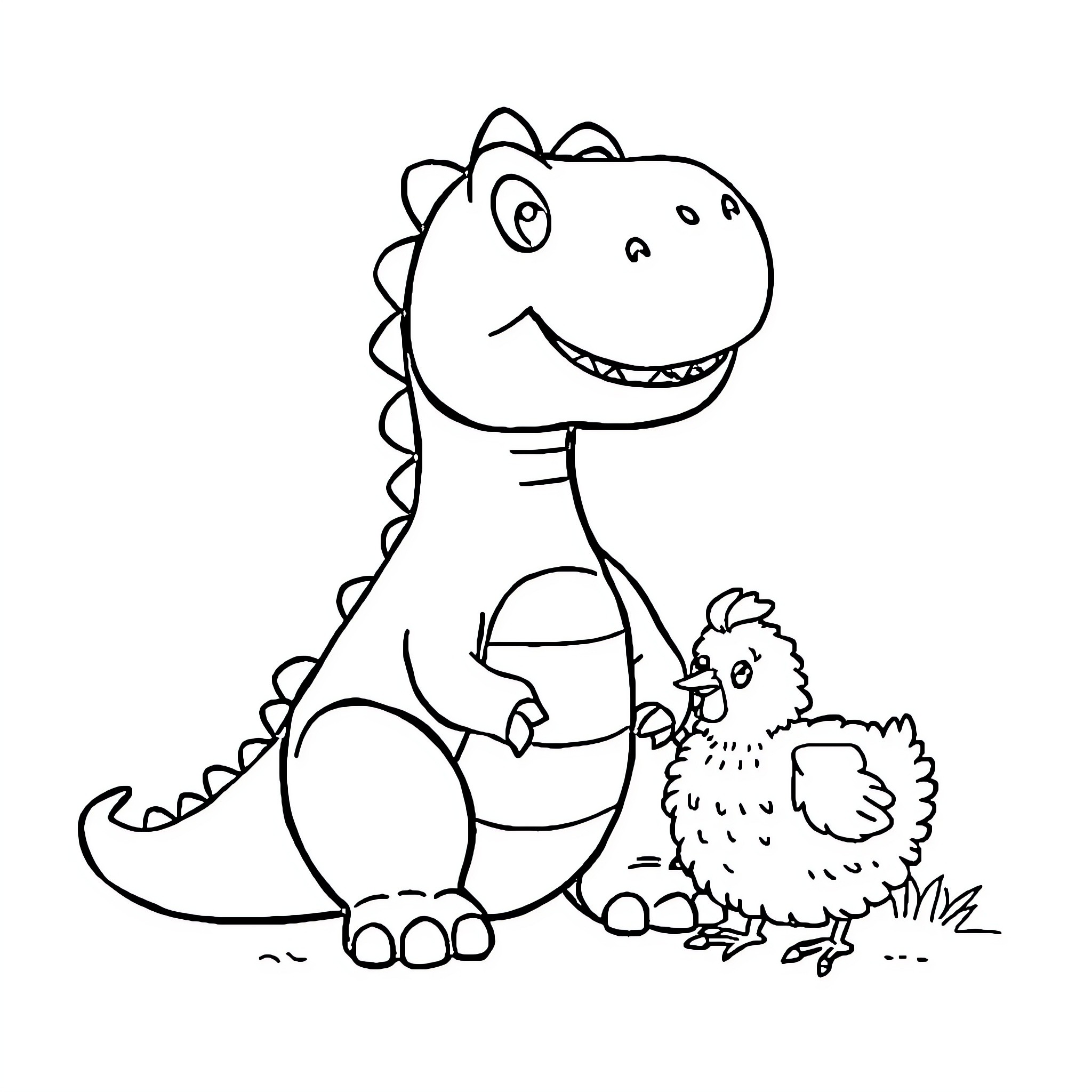 Dinosaur happily playing with pet chicken Coloring Page (free black-and-white line drawing printable PDF for all, from beginners to advanced learners, including children, teens, adults, and seniors)