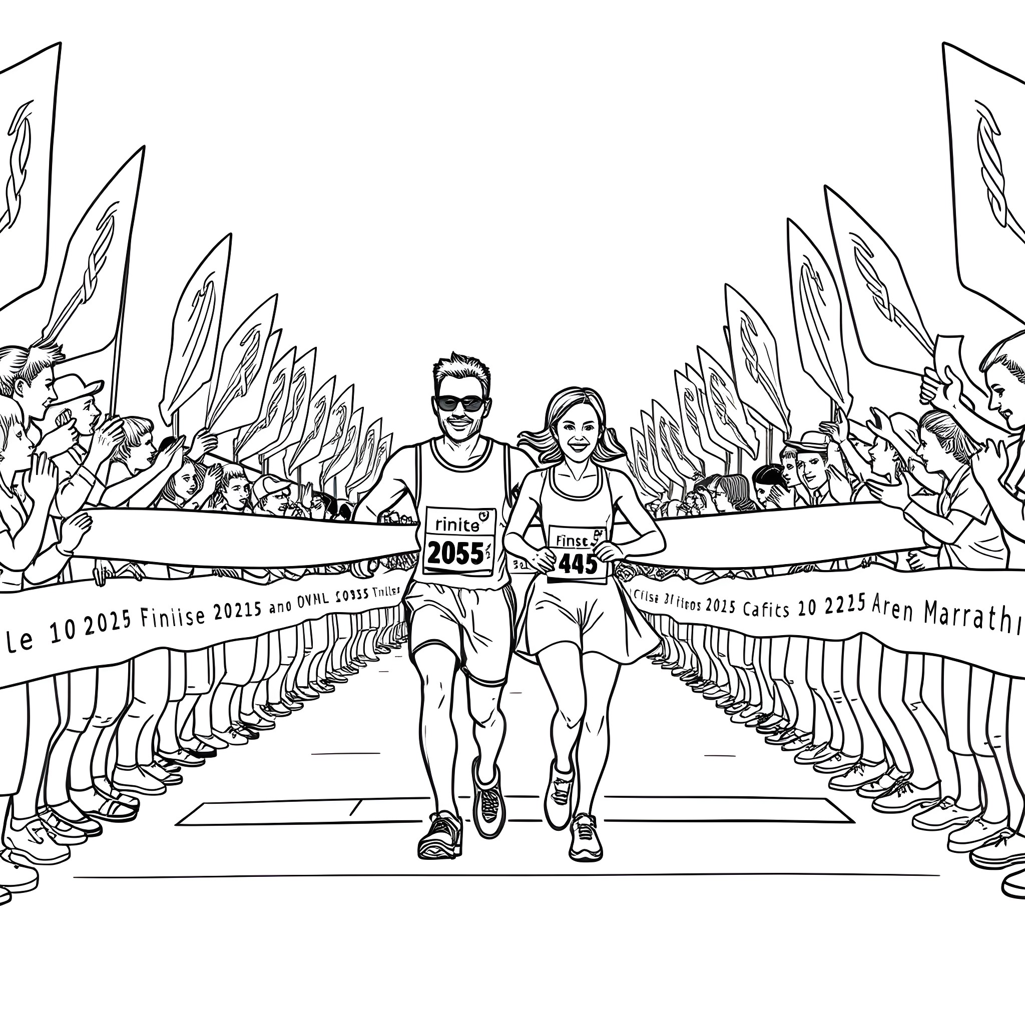 Husband and wife completing a marathon together Coloring Page (free black-and-white line drawing printable PDF for all, from beginners to advanced learners, including children, teens, adults, and seniors)