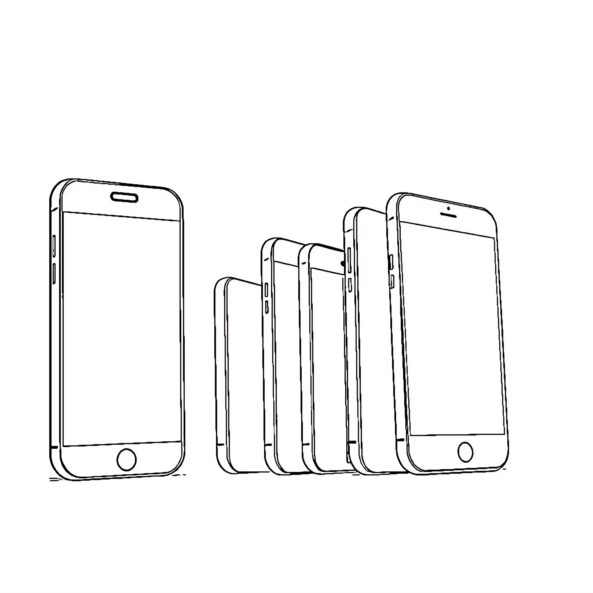 iPhone models lined up in a row Coloring Page (free black-and-white line drawing printable PDF for all, from beginners to advanced learners, including children, teens, adults, and seniors)