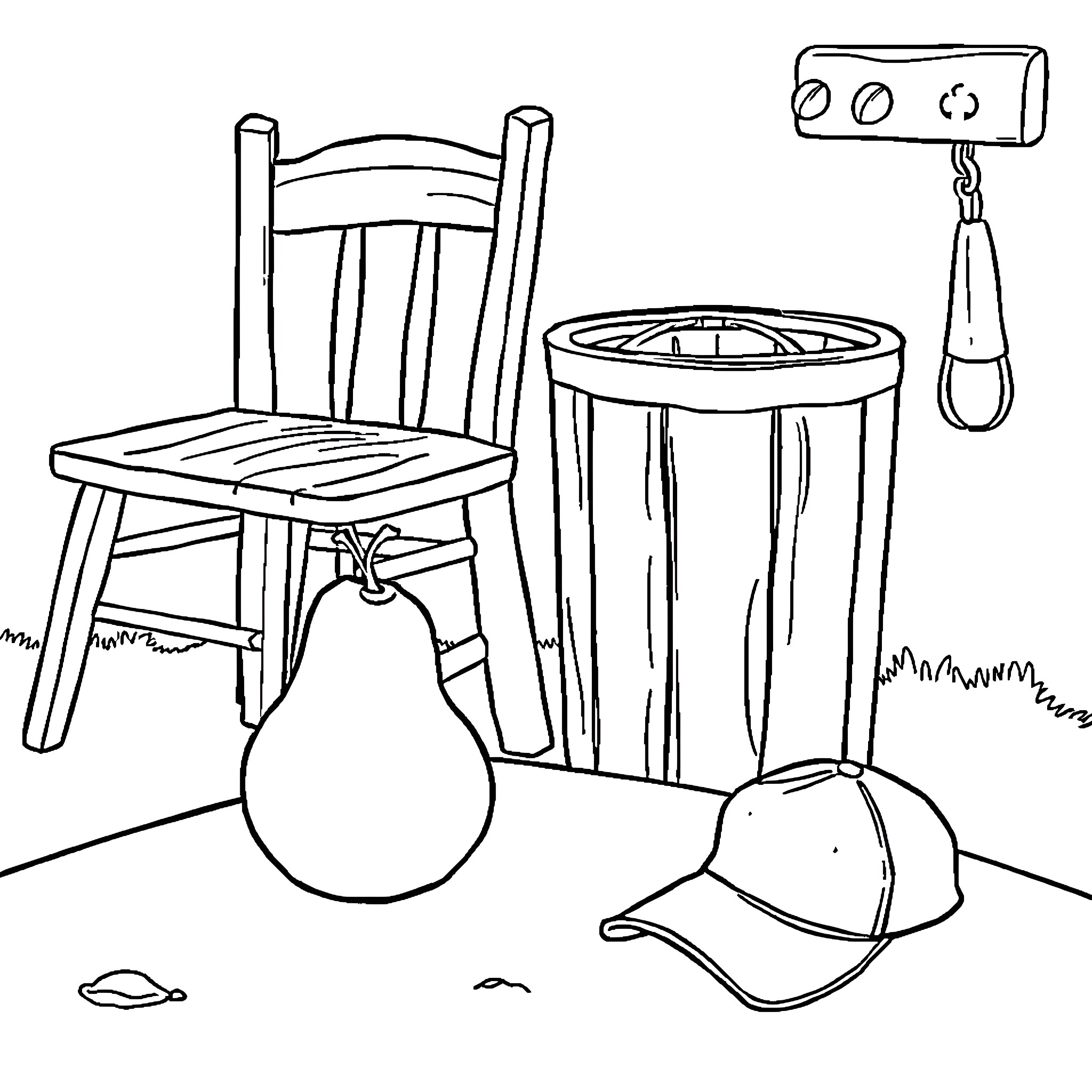 Object with various household items and accessories Coloring Page (free black-and-white line drawing printable PDF for all, from beginners to advanced learners, including children, teens, adults, and seniors)