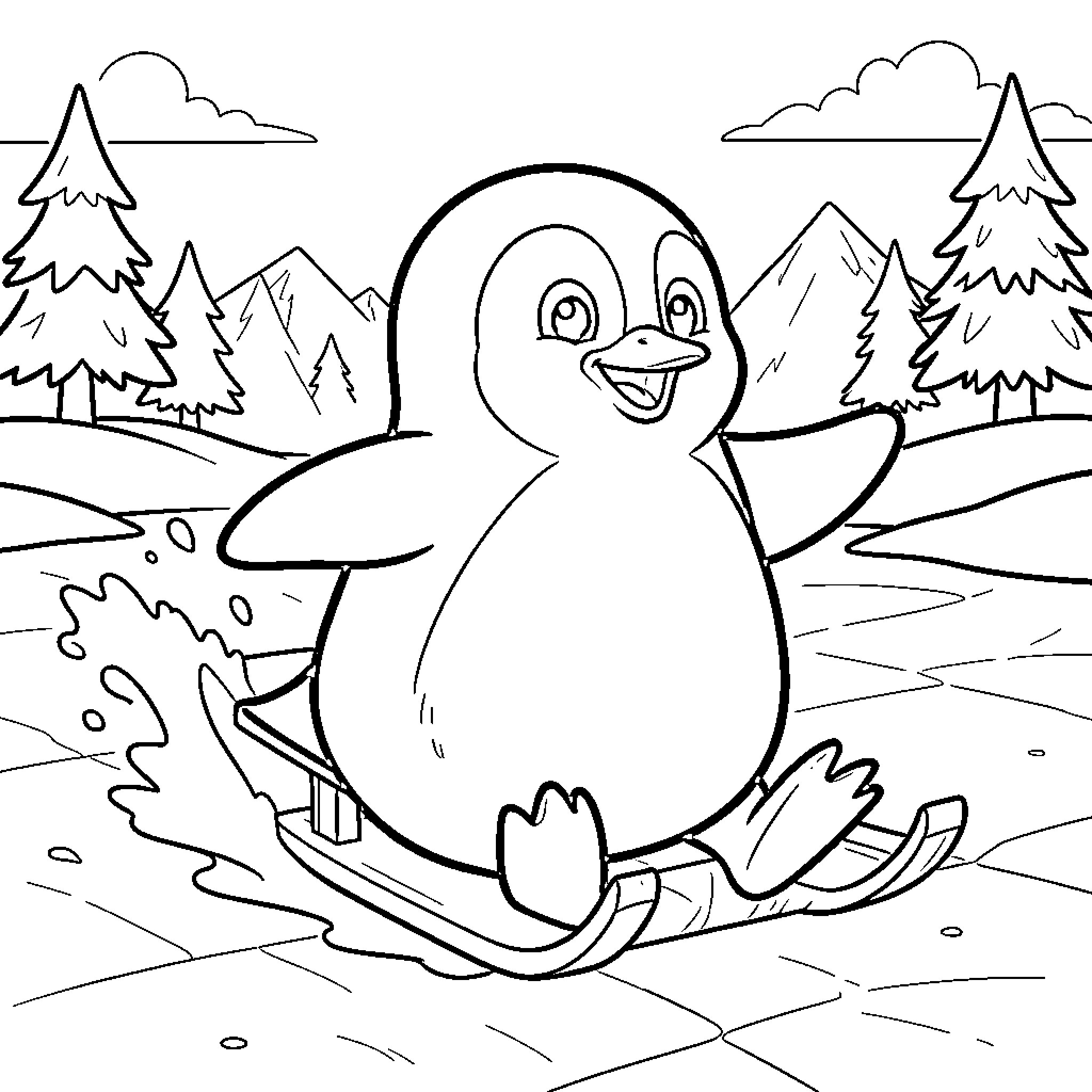 Pingu smiling while riding a sled through the snow Coloring Page (free black-and-white line drawing printable PDF for all, from beginners to advanced learners, including children, teens, adults, and seniors)