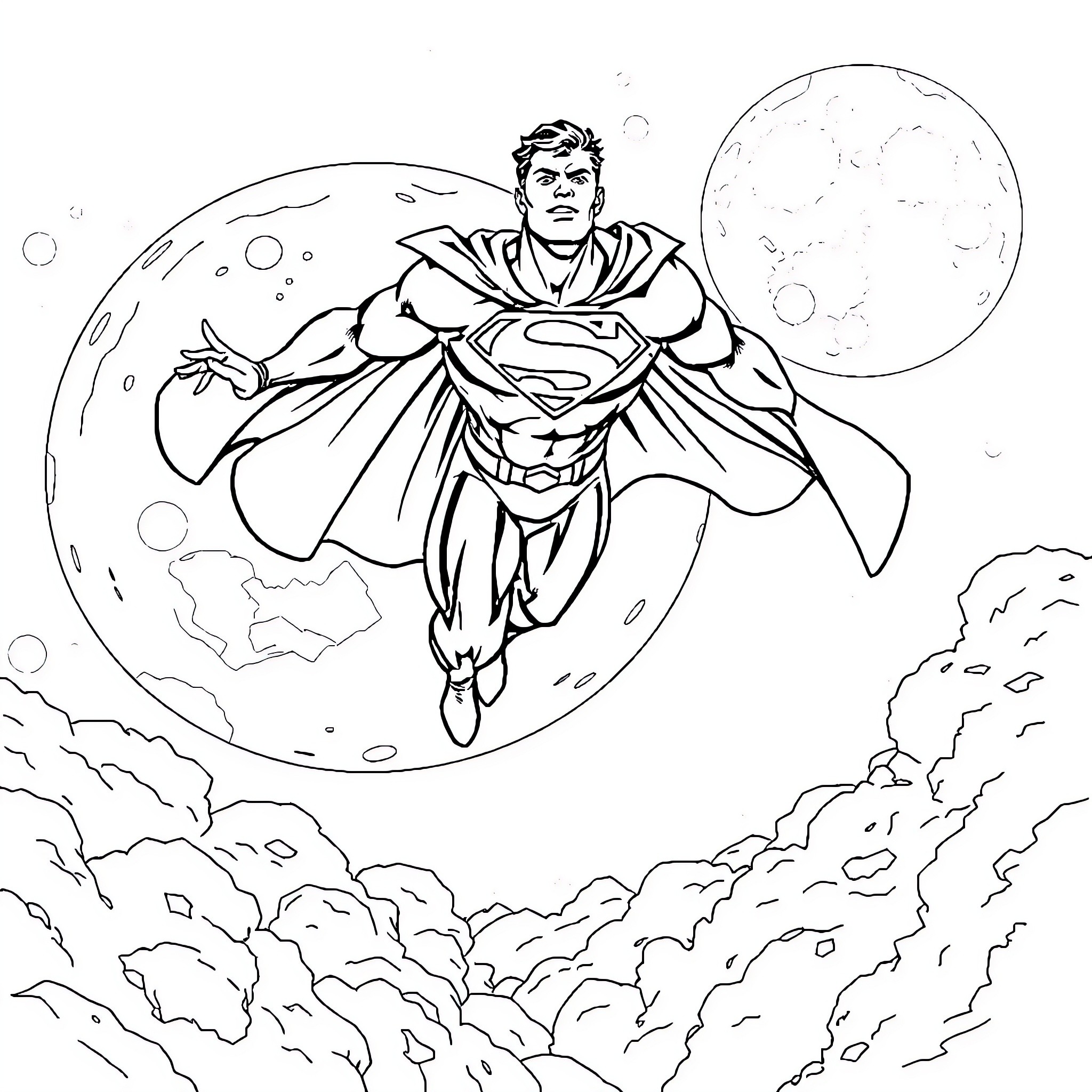 Superman soaring through the cosmic night sky Coloring Page (free black-and-white line drawing printable PDF for all, from beginners to advanced learners, including children, teens, adults, and seniors)