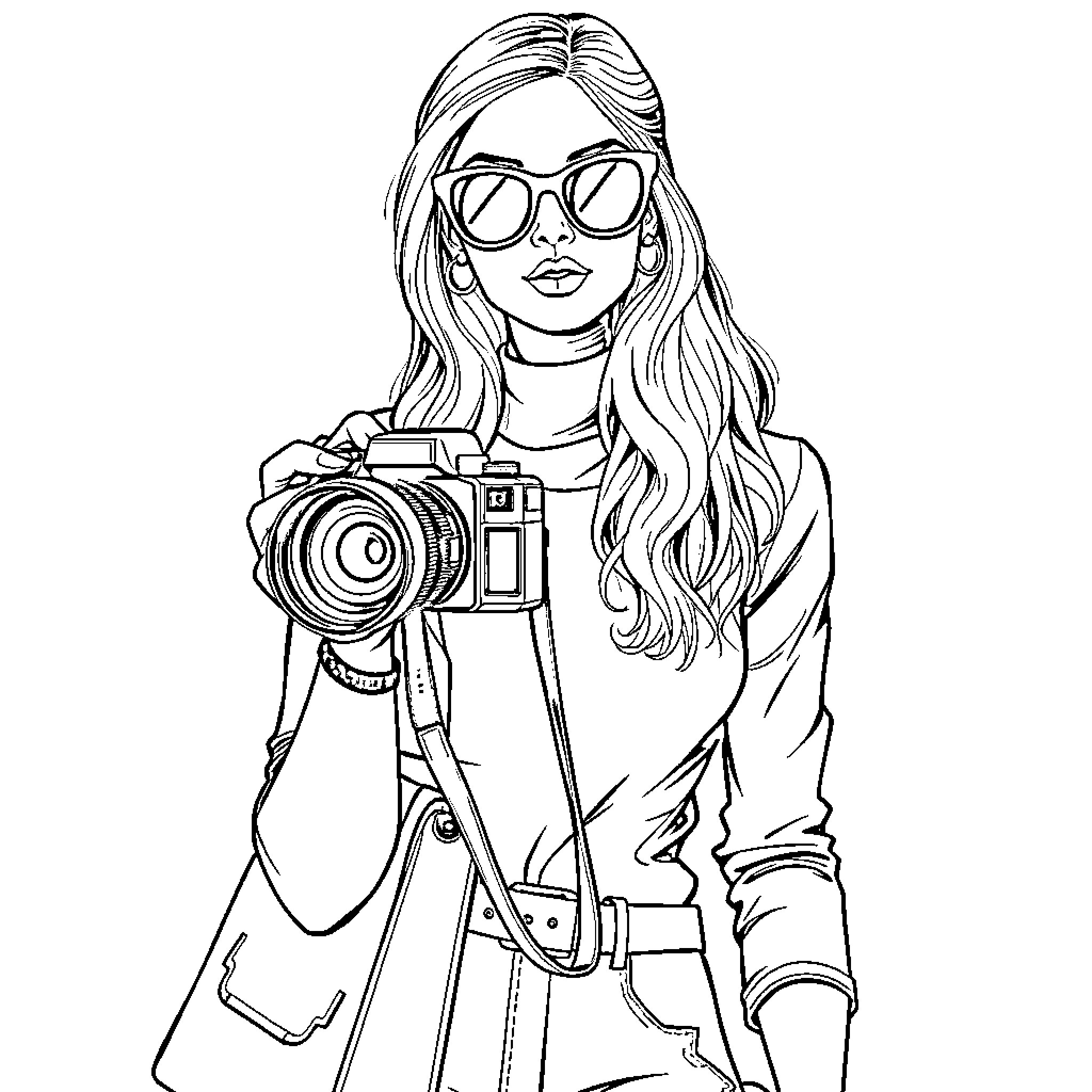 Fashionista photographer capturing the moment Coloring Page (free black-and-white line drawing printable PDF for all, from beginners to advanced learners, including children, teens, adults, and seniors)