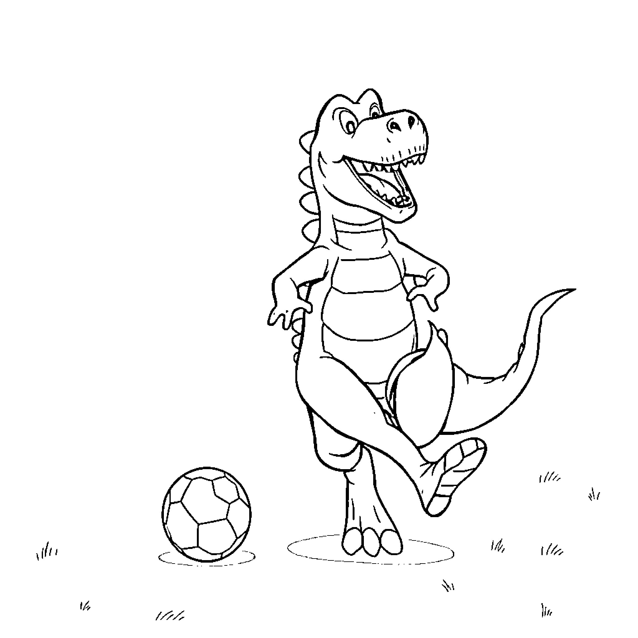 Gunnersaurus playing with a soccer ball Coloring Page (free black-and-white line drawing printable PDF for all, from beginners to advanced learners, including children, teens, adults, and seniors)