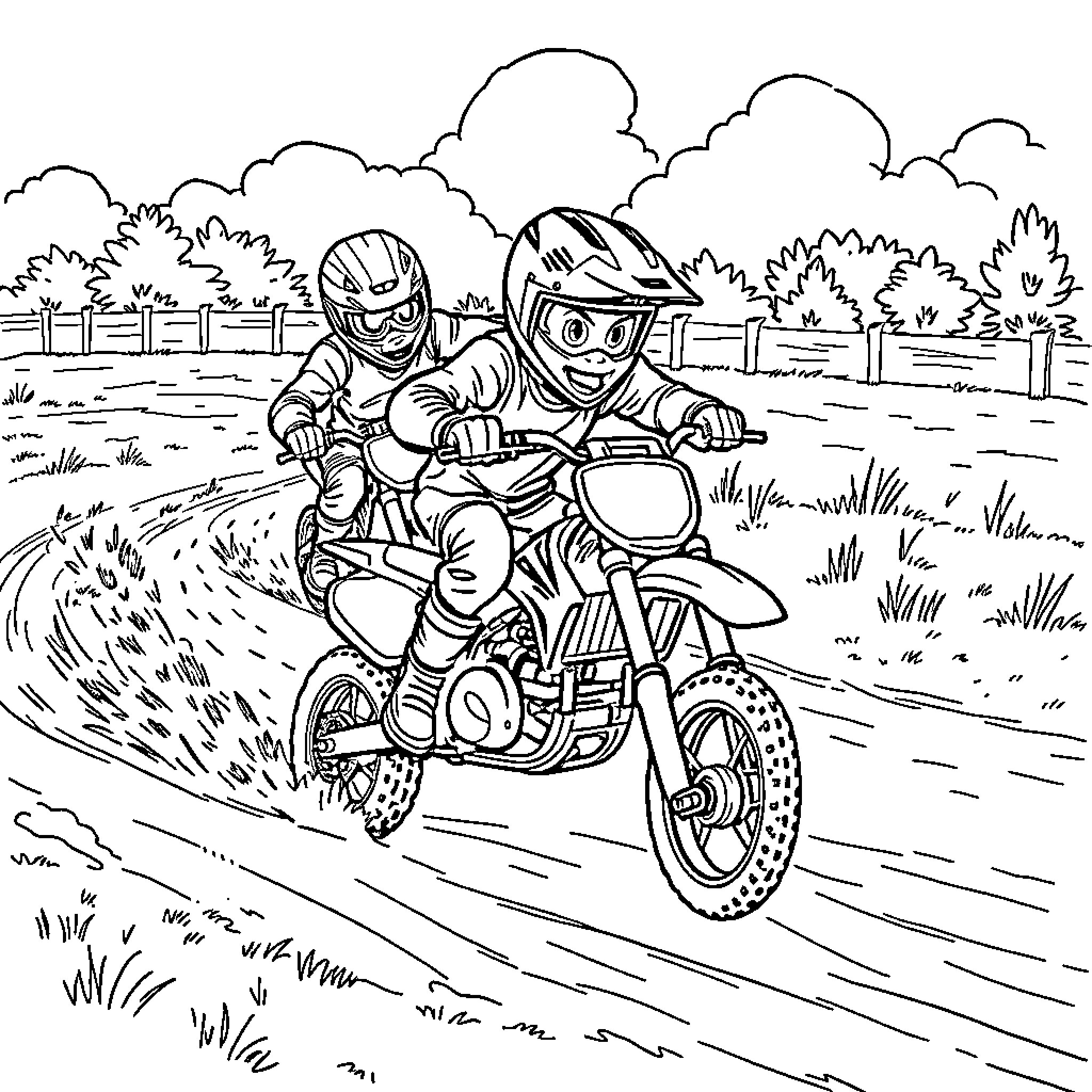 Dirt Bike Riders Enjoying Outdoor Adventure Coloring Page (free black-and-white line drawing printable PDF for all, from beginners to advanced learners, including children, teens, adults, and seniors)