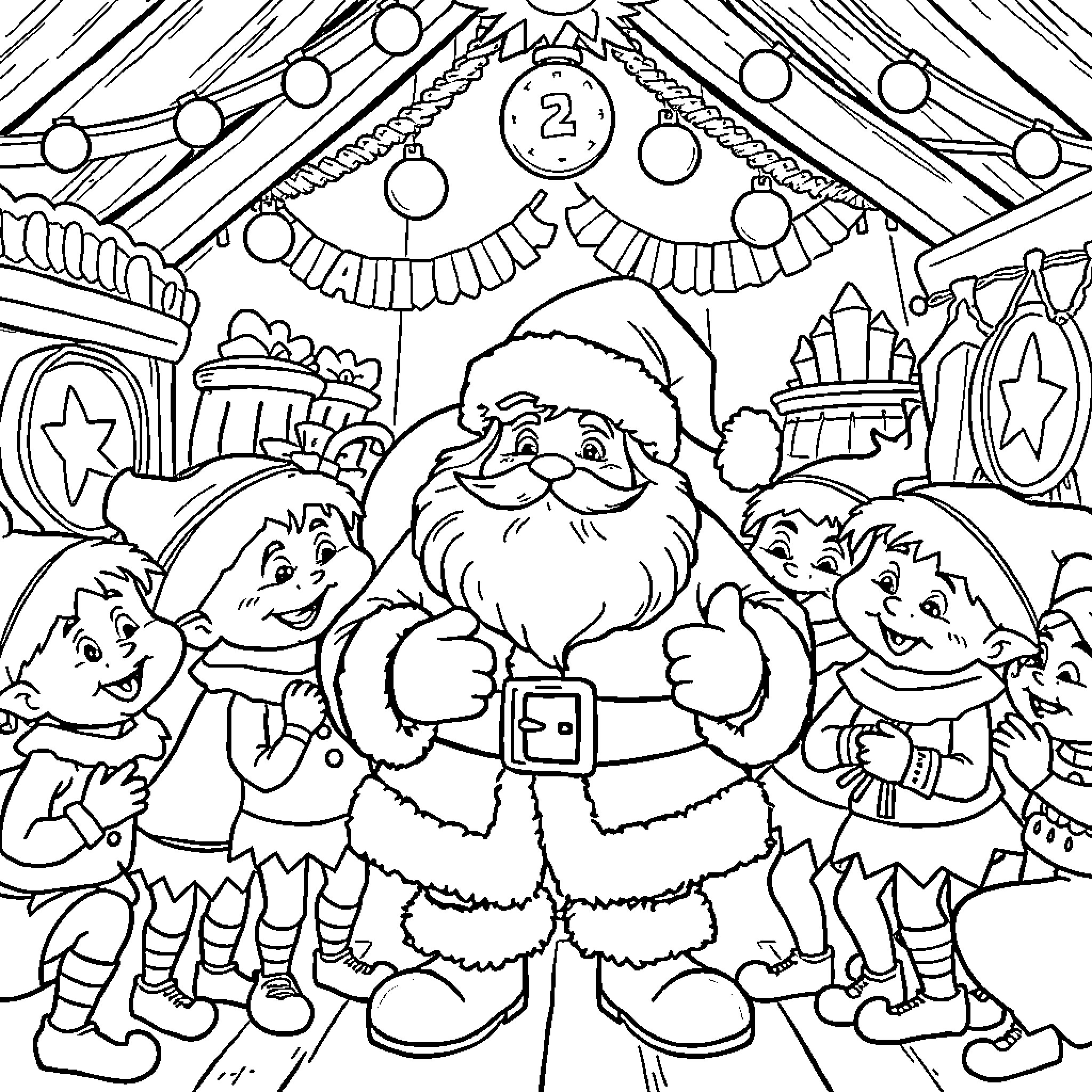 Santa and his jolly elves celebrate the holidays Coloring Page (free black-and-white line drawing printable PDF for all, from beginners to advanced learners, including children, teens, adults, and seniors)