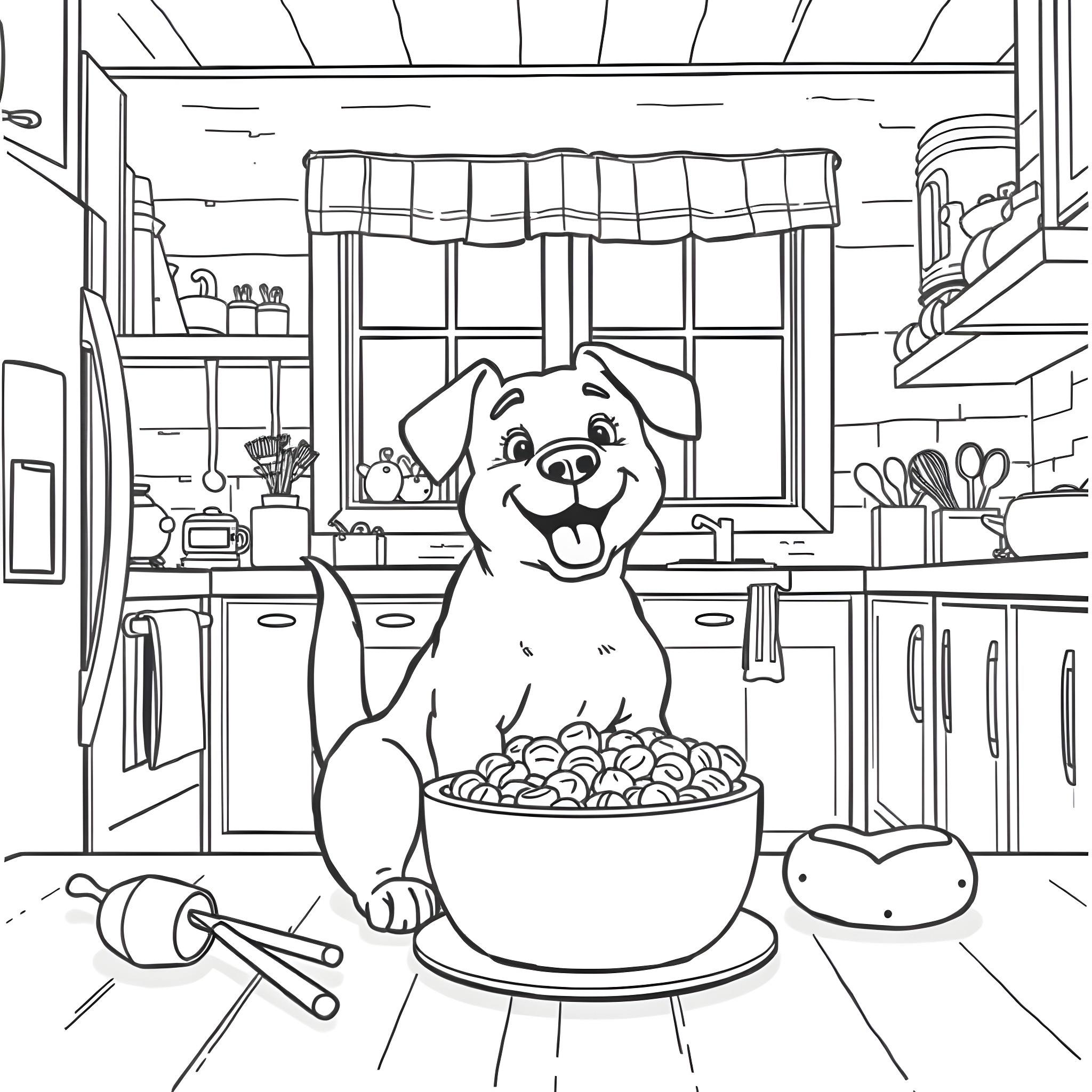 Dog Enjoying Tasty Snacks in the Kitchen Coloring Page (free black-and-white line drawing printable PDF for all, from beginners to advanced learners, including children, teens, adults, and seniors)