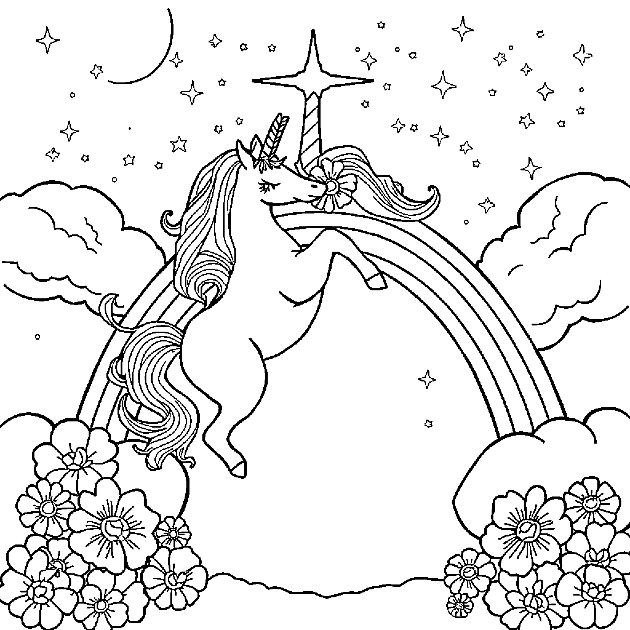 Unicorn Prancing Across a Starry Sky Coloring Page (free black-and-white line drawing printable PDF for all, from beginners to advanced learners, including children, teens, adults, and seniors)