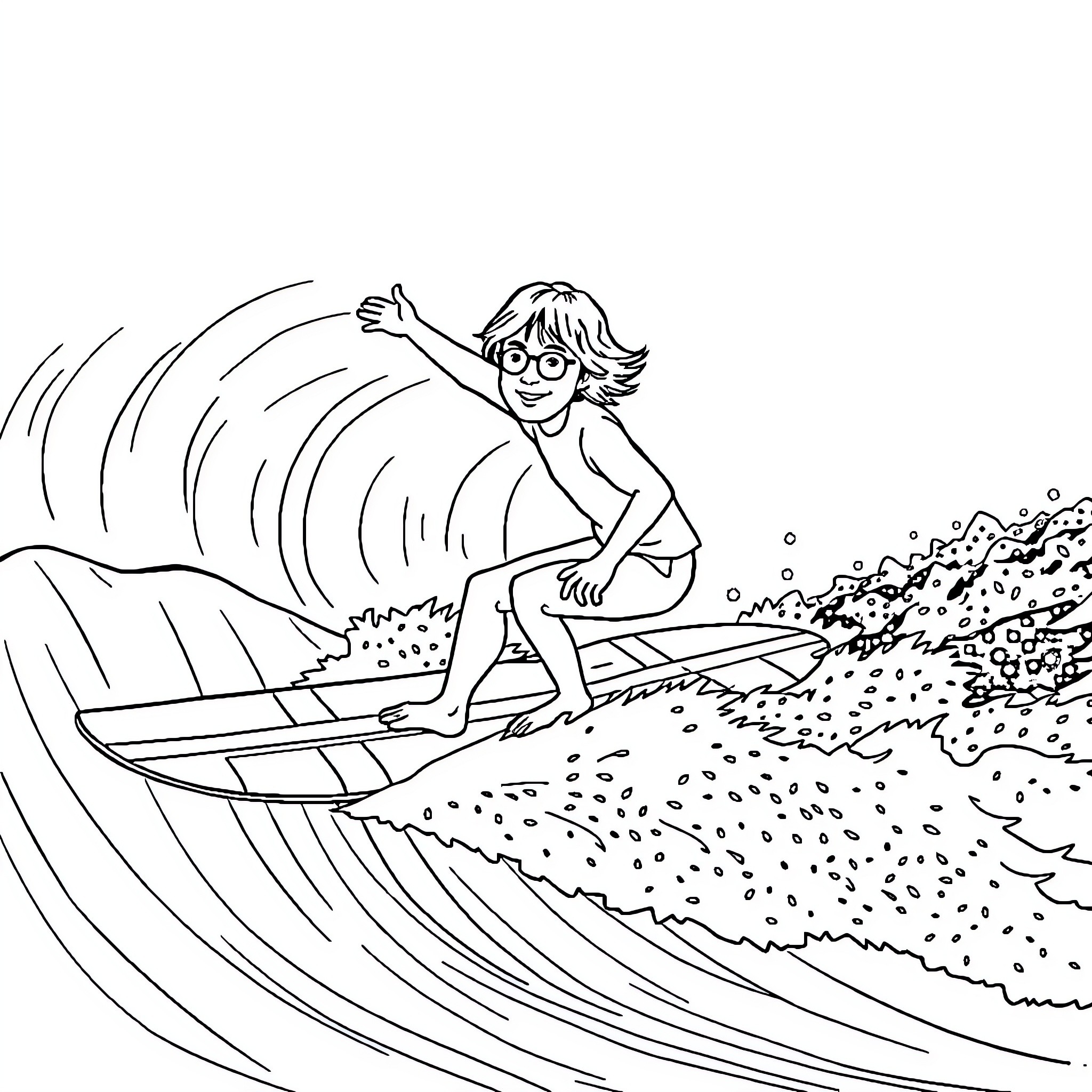 John Lennon surfing the waves with joy Coloring Page (free black-and-white line drawing printable PDF for all, from beginners to advanced learners, including children, teens, adults, and seniors)