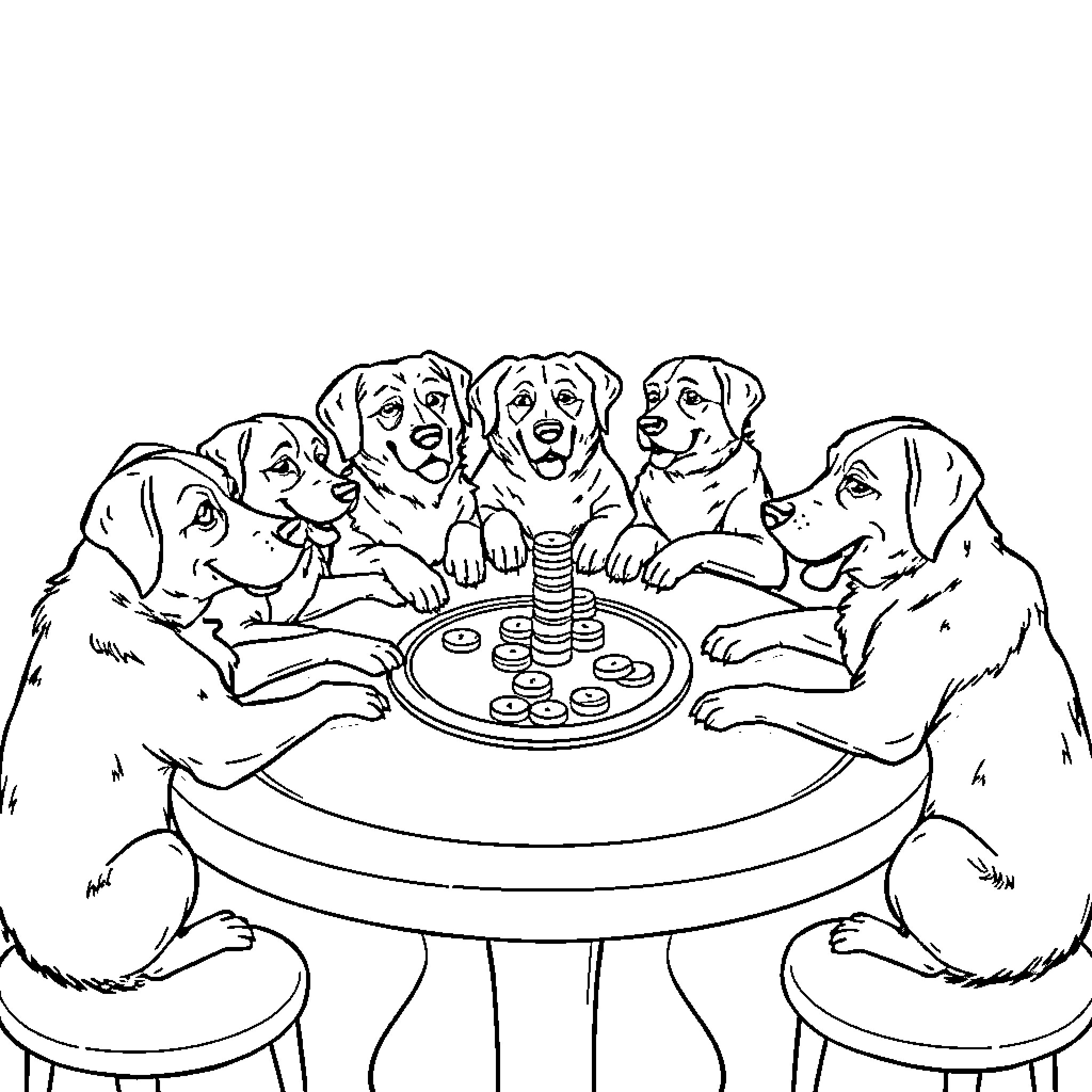 Dogs playing board game together Coloring Page (free black-and-white line drawing printable PDF for all, from beginners to advanced learners, including children, teens, adults, and seniors)
