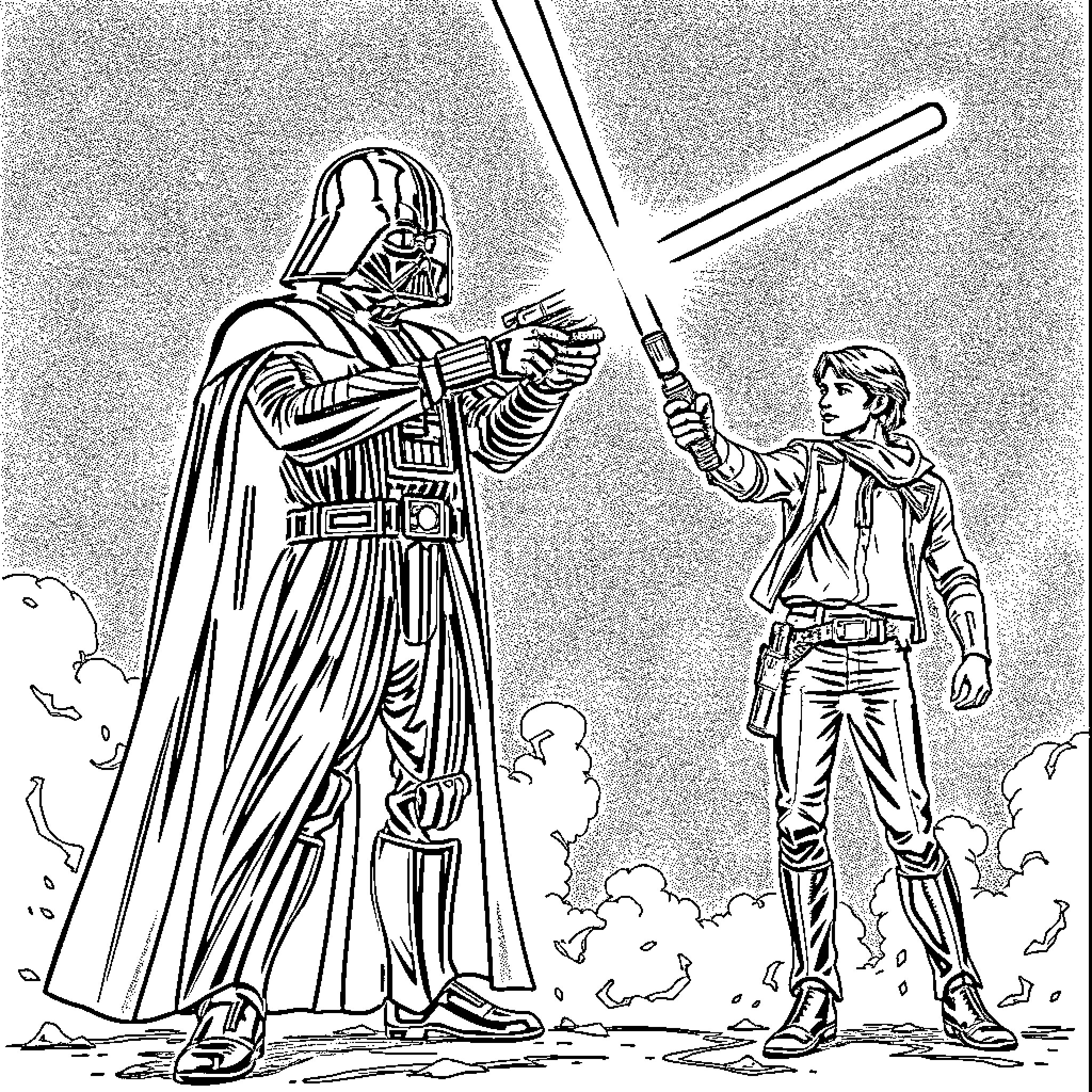 Darth Vader confronts a young Jedi warrior Coloring Page (free black-and-white line drawing printable PDF for all, from beginners to advanced learners, including children, teens, adults, and seniors)