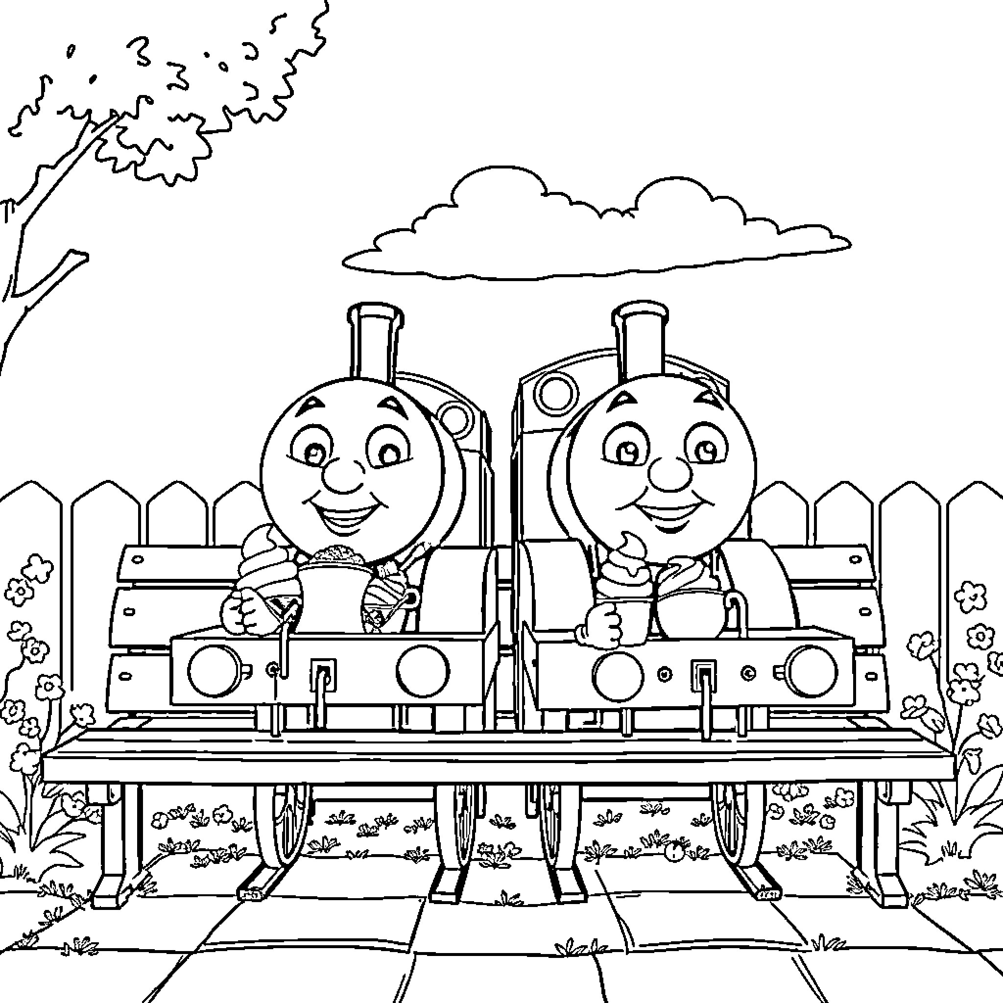 Thomas and Friend Ride the Train through the Countryside Coloring Page (free black-and-white line drawing printable PDF for all, from beginners to advanced learners, including children, teens, adults, and seniors)