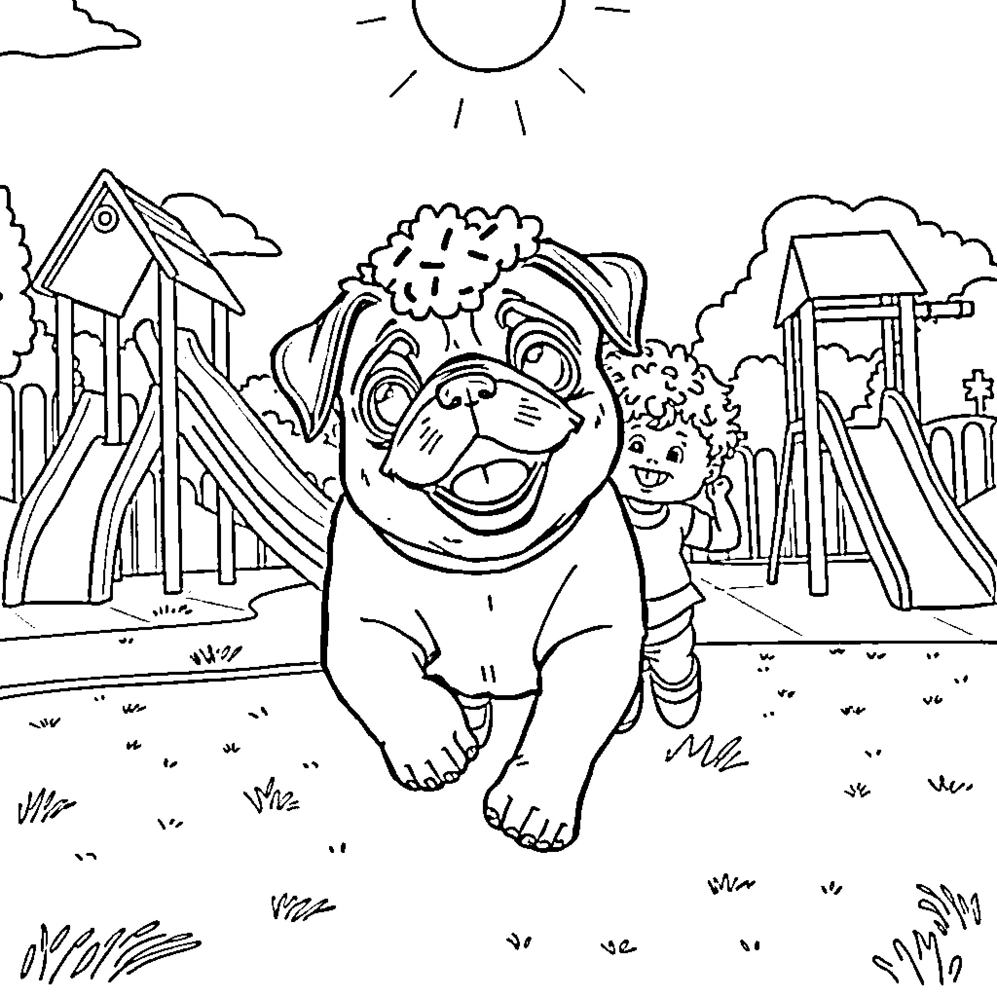 Pug playing happily at the park Coloring Page (free black-and-white line drawing printable PDF for all, from beginners to advanced learners, including children, teens, adults, and seniors)