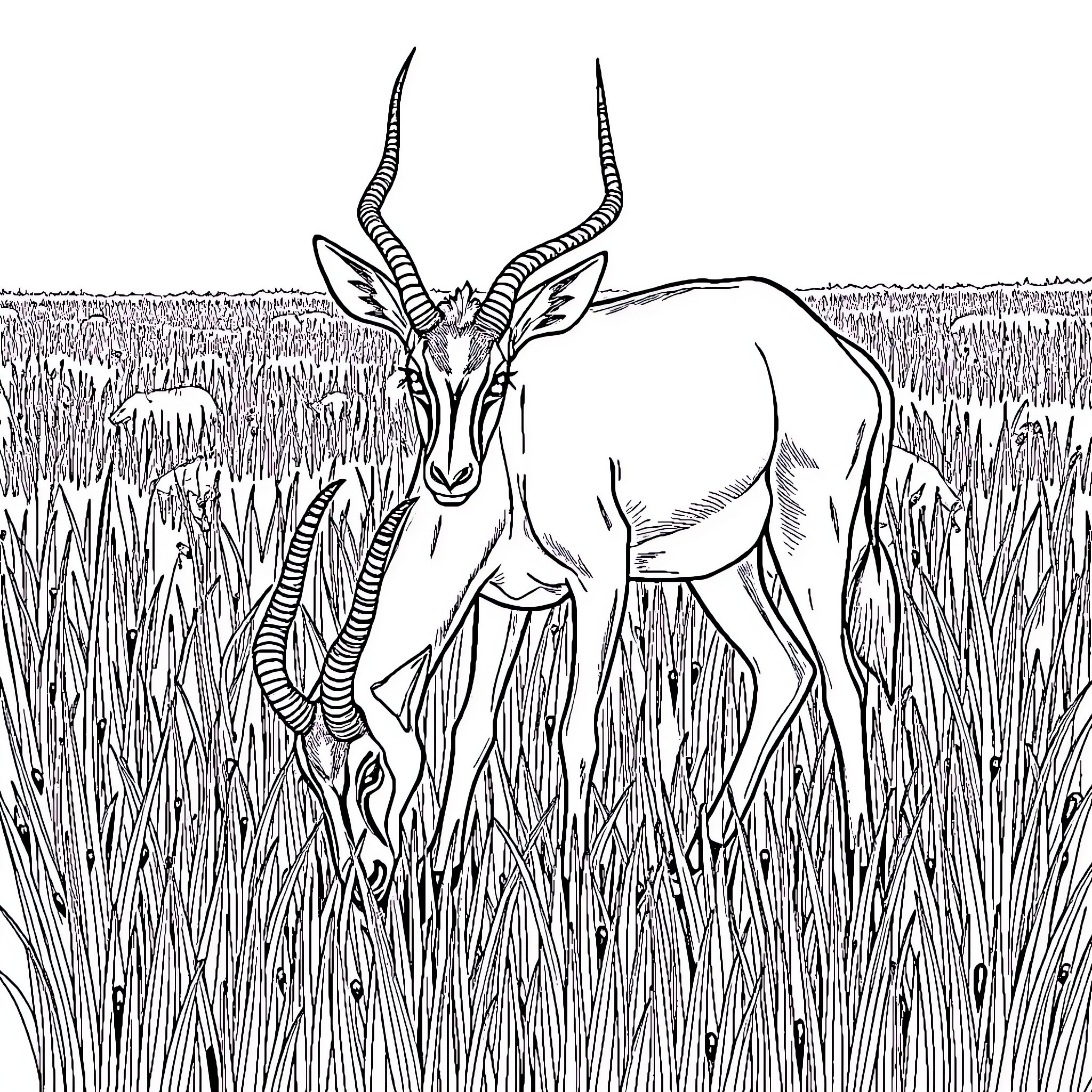 Antelope grazing peacefully in the grassland Coloring Page (free black-and-white line drawing printable PDF for all, from beginners to advanced learners, including children, teens, adults, and seniors)