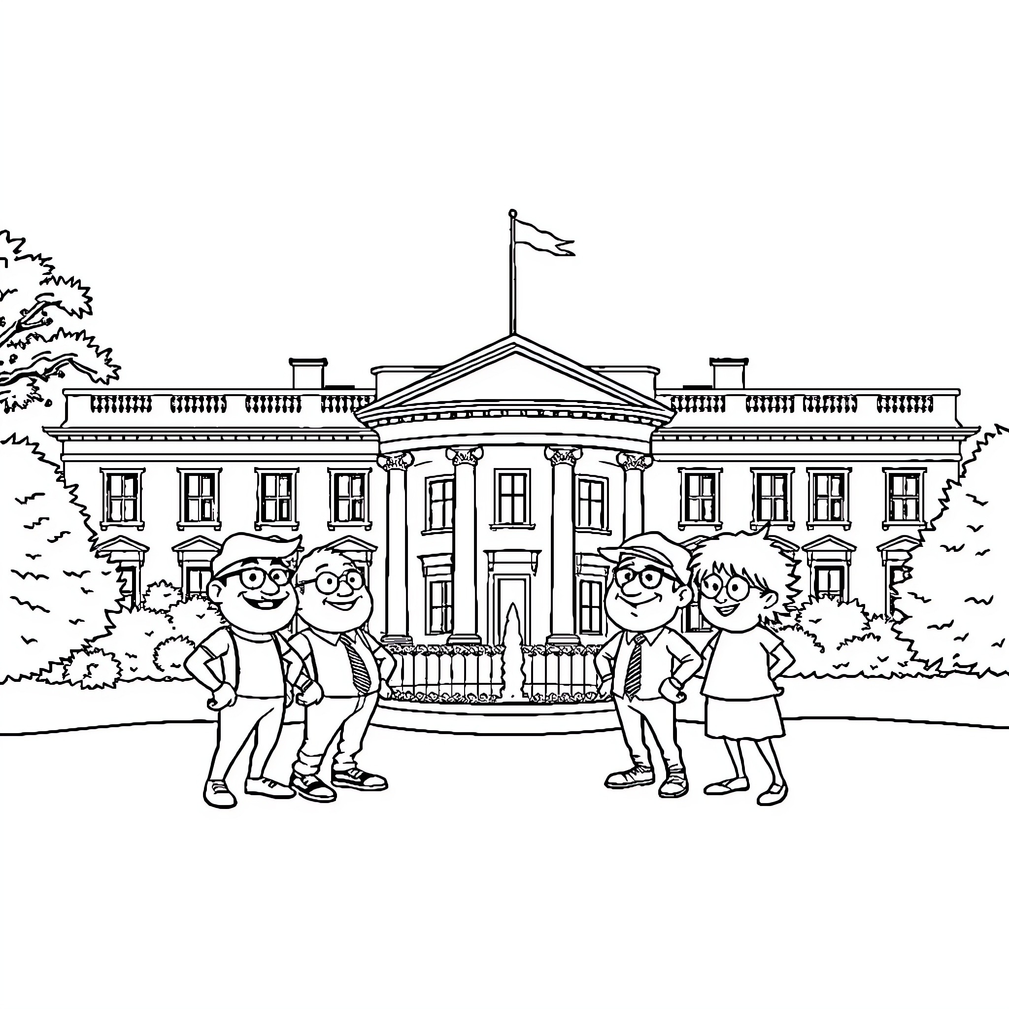 Farside Characters Visiting the White House Coloring Page (free black-and-white line drawing printable PDF for all, from beginners to advanced learners, including children, teens, adults, and seniors)