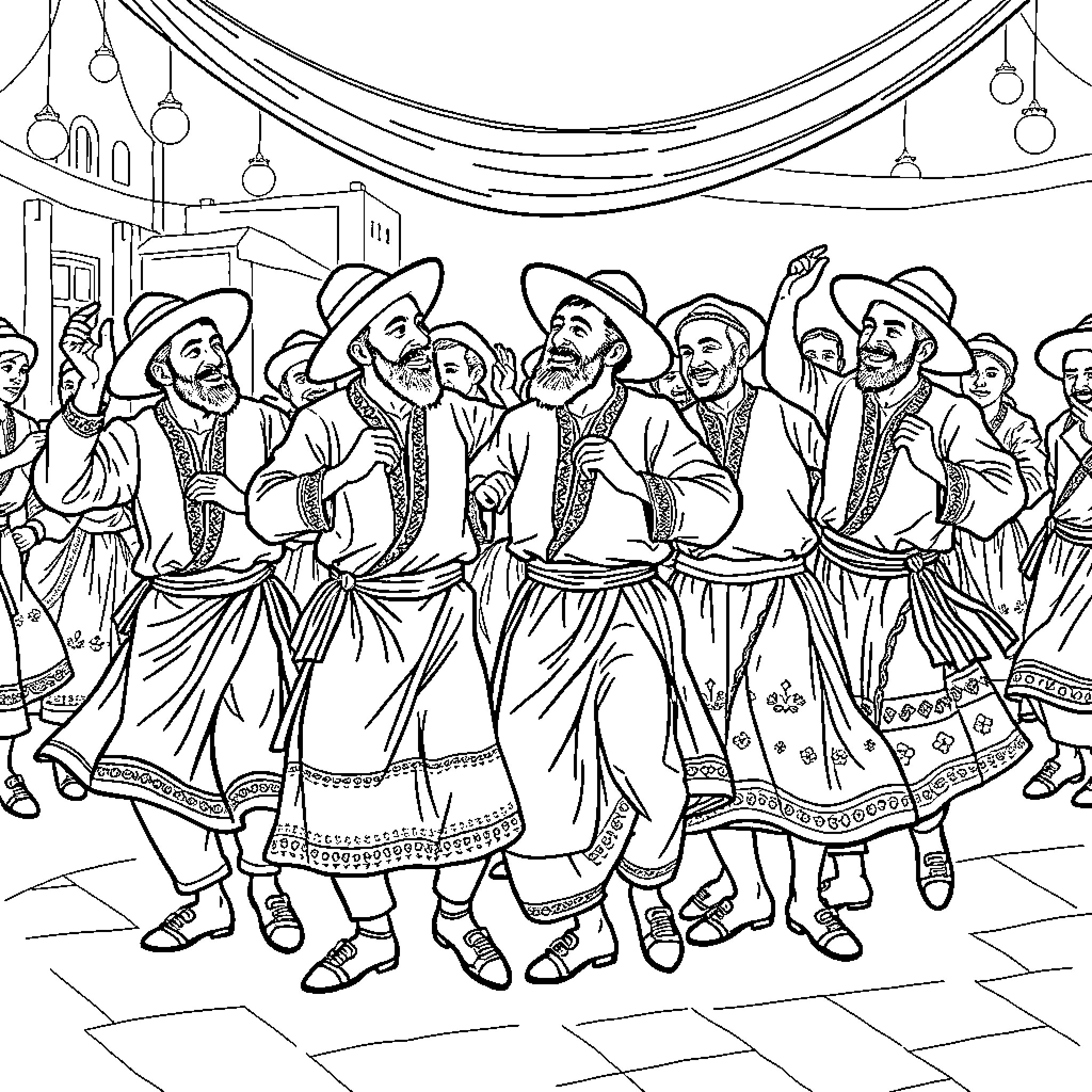 Turkish Men Celebrating with Traditional Dance and Costumes Coloring Page (free black-and-white line drawing printable PDF for all, from beginners to advanced learners, including children, teens, adults, and seniors)