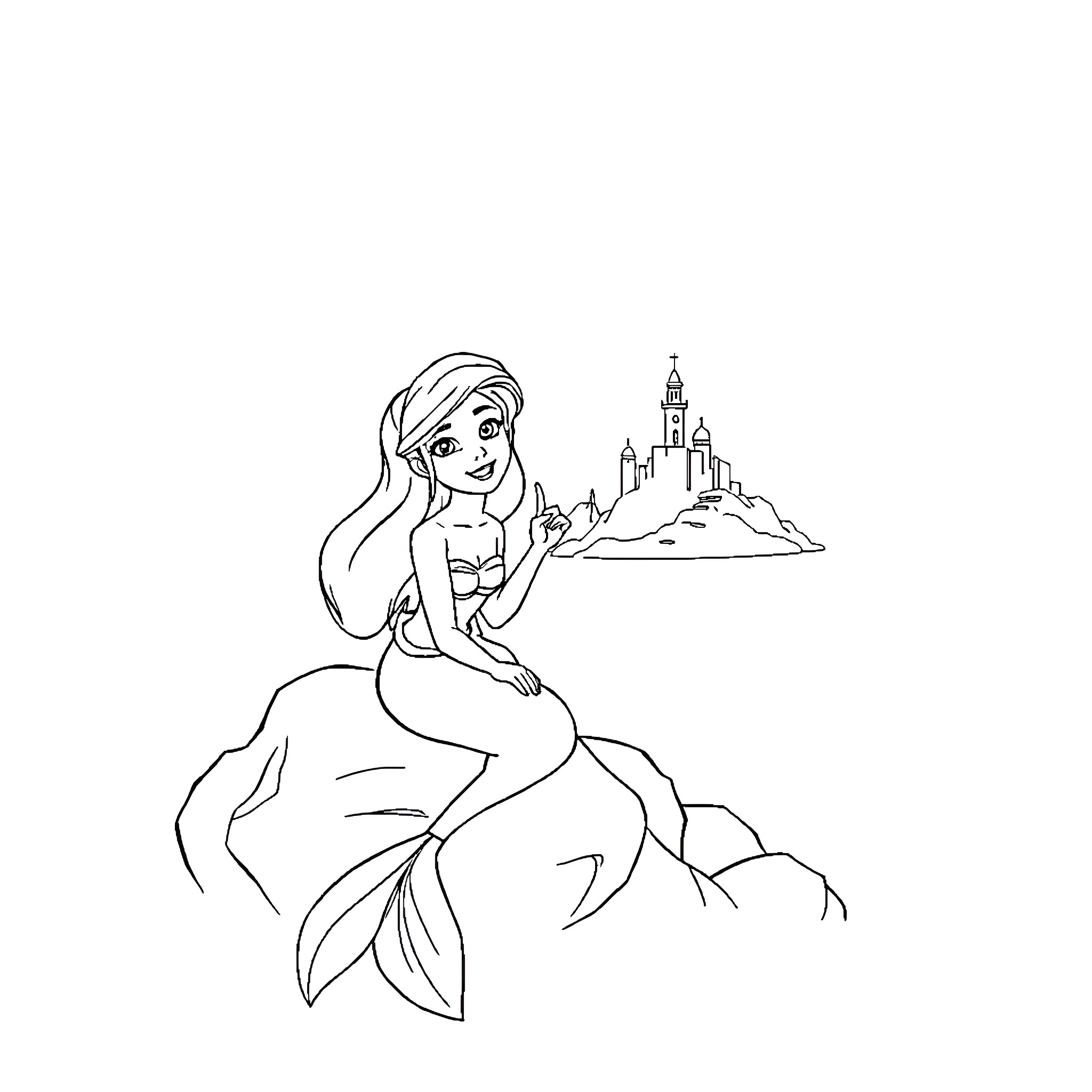Ariel exploring the enchanted castle Coloring Page (free black-and-white line drawing printable PDF for all, from beginners to advanced learners, including children, teens, adults, and seniors)
