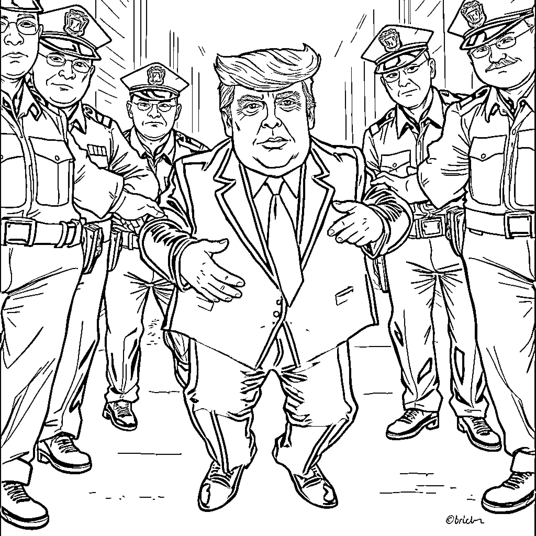 Donald Trump Surrounded by Military and Law Enforcement Officers Coloring Page (free black-and-white line drawing printable PDF for all, from beginners to advanced learners, including children, teens, adults, and seniors)