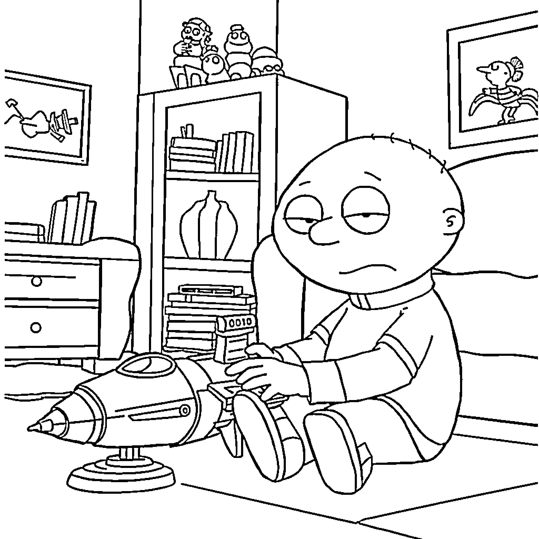Stewie Griffin plays with a toy ray gun Coloring Page (free black-and-white line drawing printable PDF for all, from beginners to advanced learners, including children, teens, adults, and seniors)