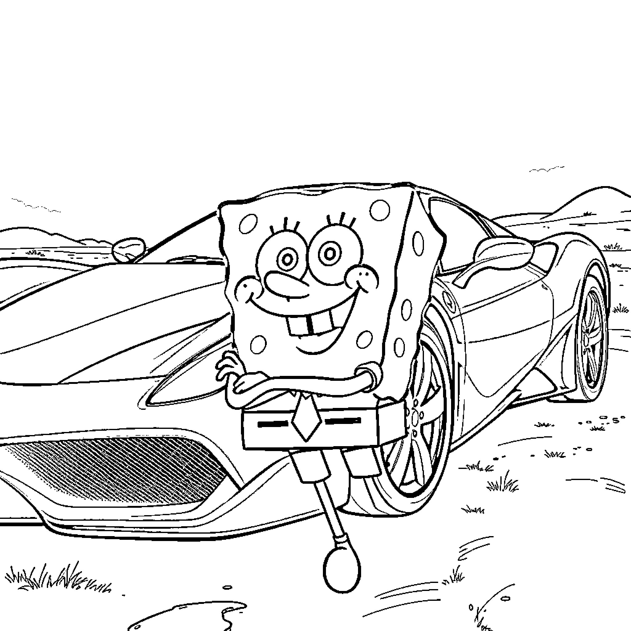 Spongebob driving a sports car with enthusiasm Coloring Page (free black-and-white line drawing printable PDF for all, from beginners to advanced learners, including children, teens, adults, and seniors)