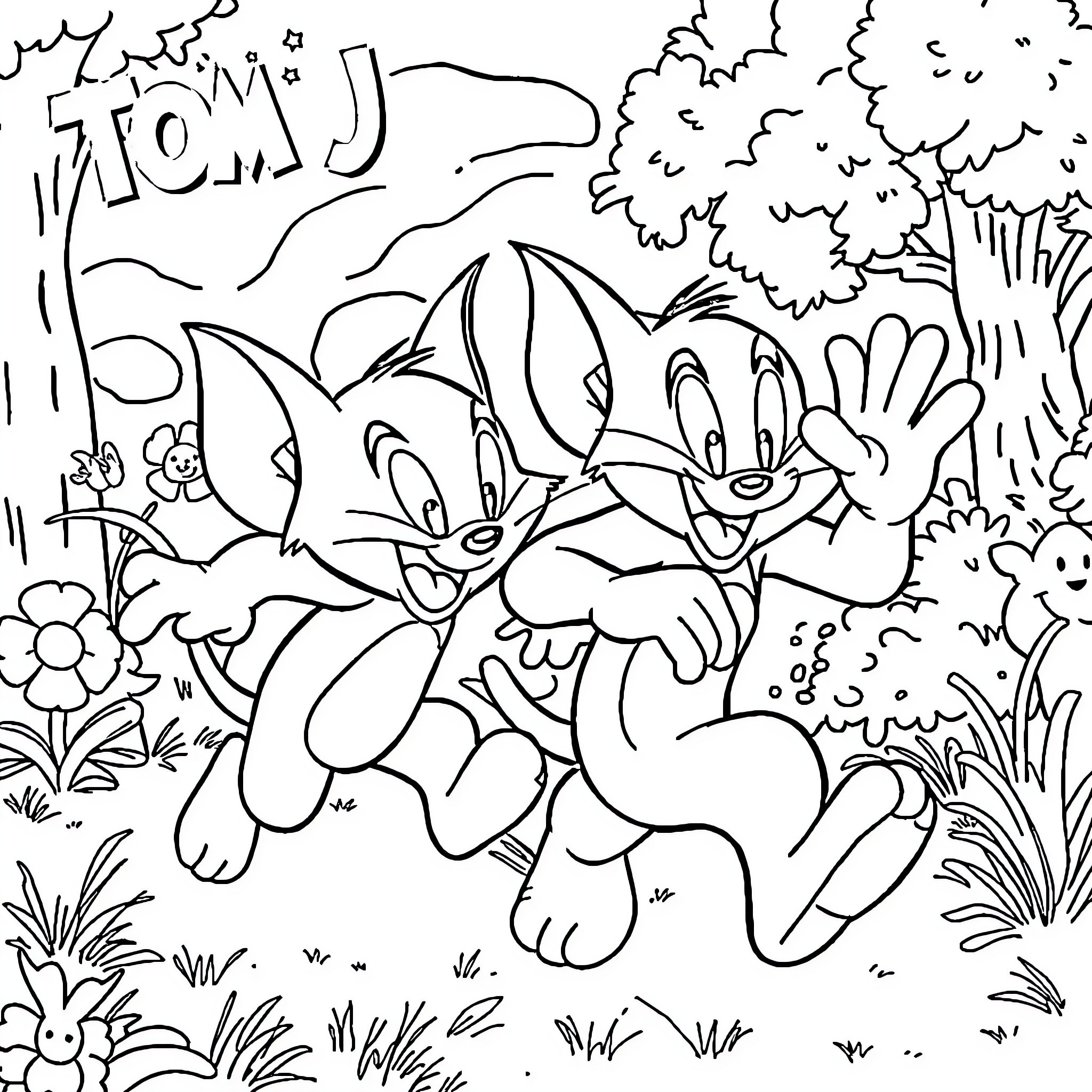 Tom and Jerry Mischievous Adventure in the Jungle Coloring Page (free black-and-white line drawing printable PDF for all, from beginners to advanced learners, including children, teens, adults, and seniors)