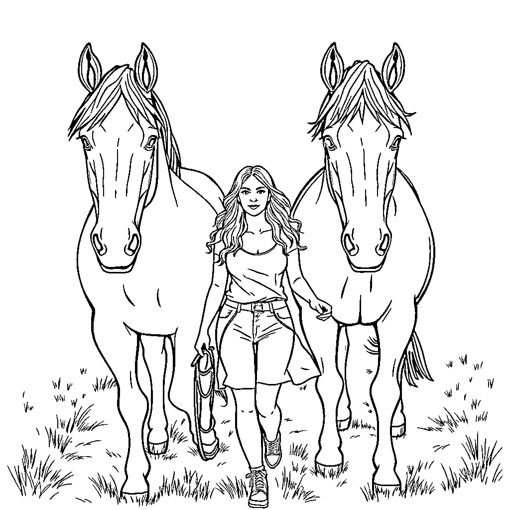 Woman with horses in a serene outdoor setting Coloring Page (free black-and-white line drawing printable PDF for all, from beginners to advanced learners, including children, teens, adults, and seniors)