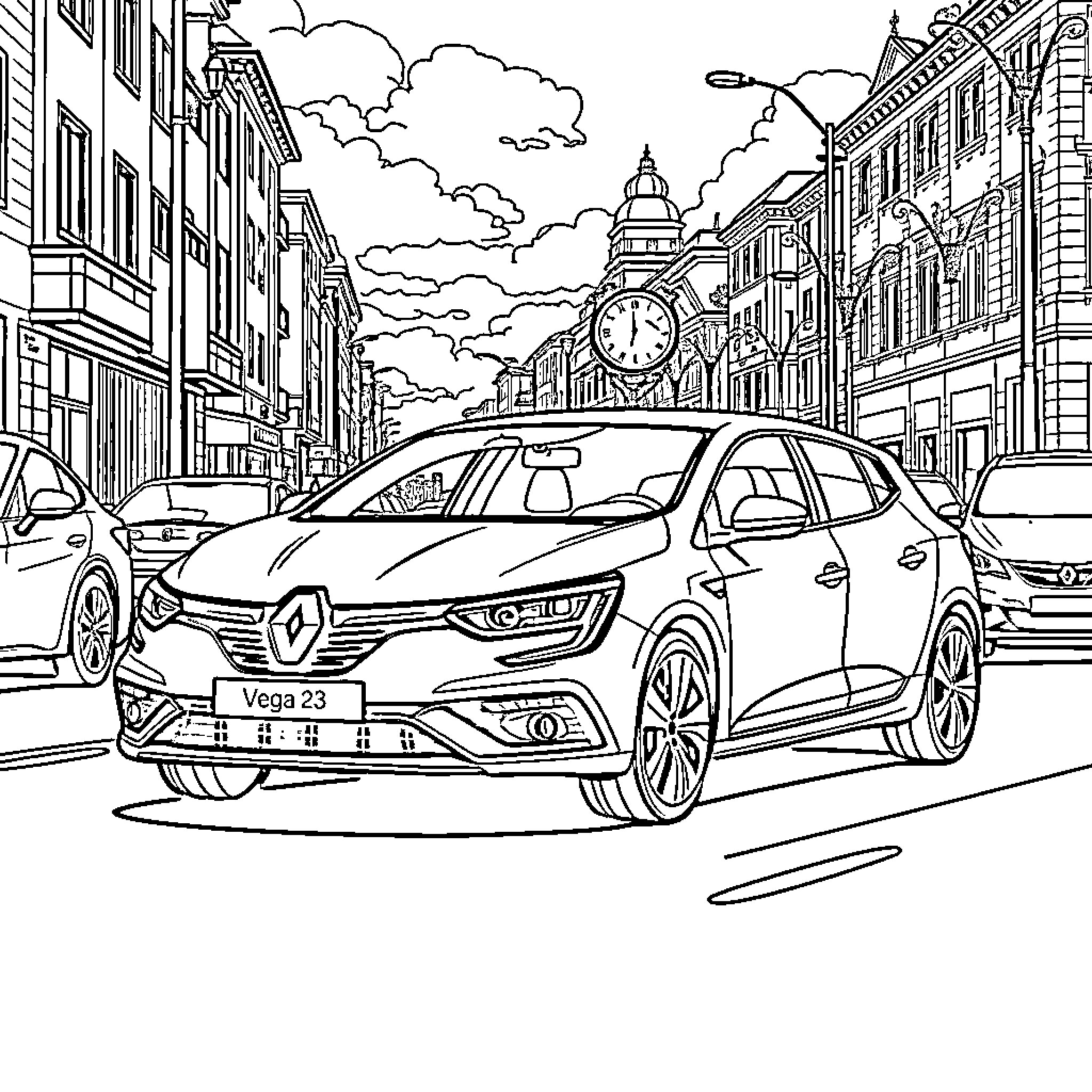 Renault Mégane on the urban street scene Coloring Page (free black-and-white line drawing printable PDF for all, from beginners to advanced learners, including children, teens, adults, and seniors)