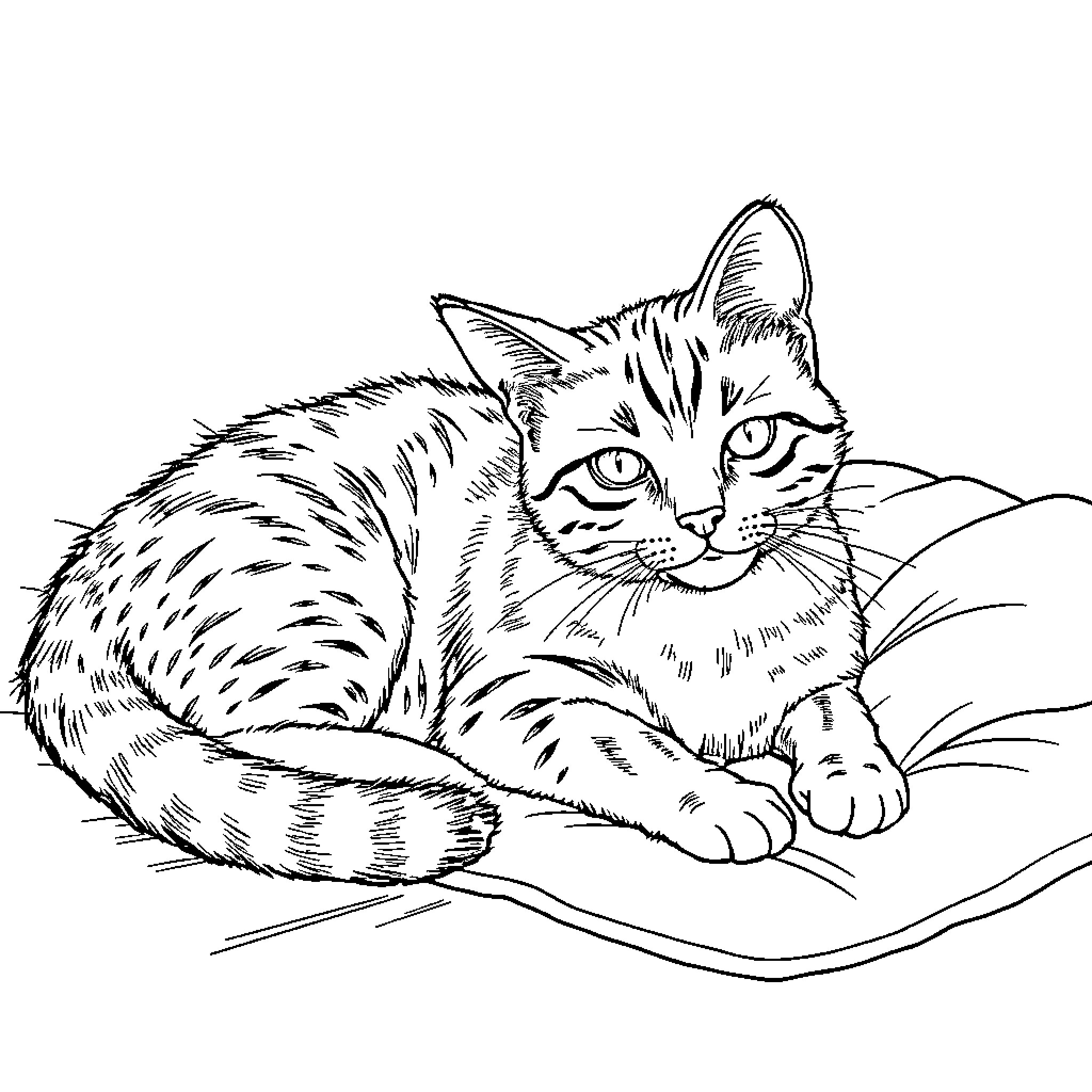 Wild Cat lounging peacefully on a branch Coloring Page (free black-and-white line drawing printable PDF for all, from beginners to advanced learners, including children, teens, adults, and seniors)