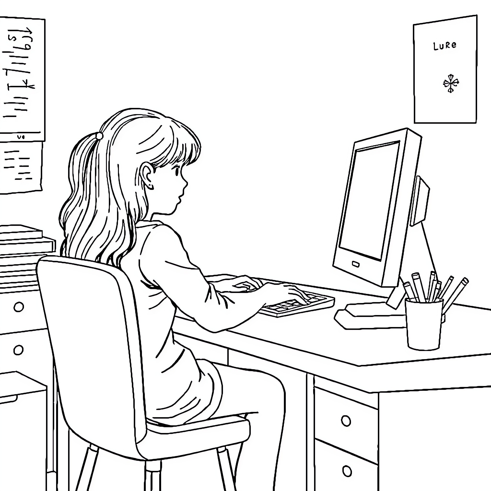 Girl working diligently on computer in her room Coloring Page (free black-and-white line drawing printable PDF for all, from beginners to advanced learners, including children, teens, adults, and seniors)