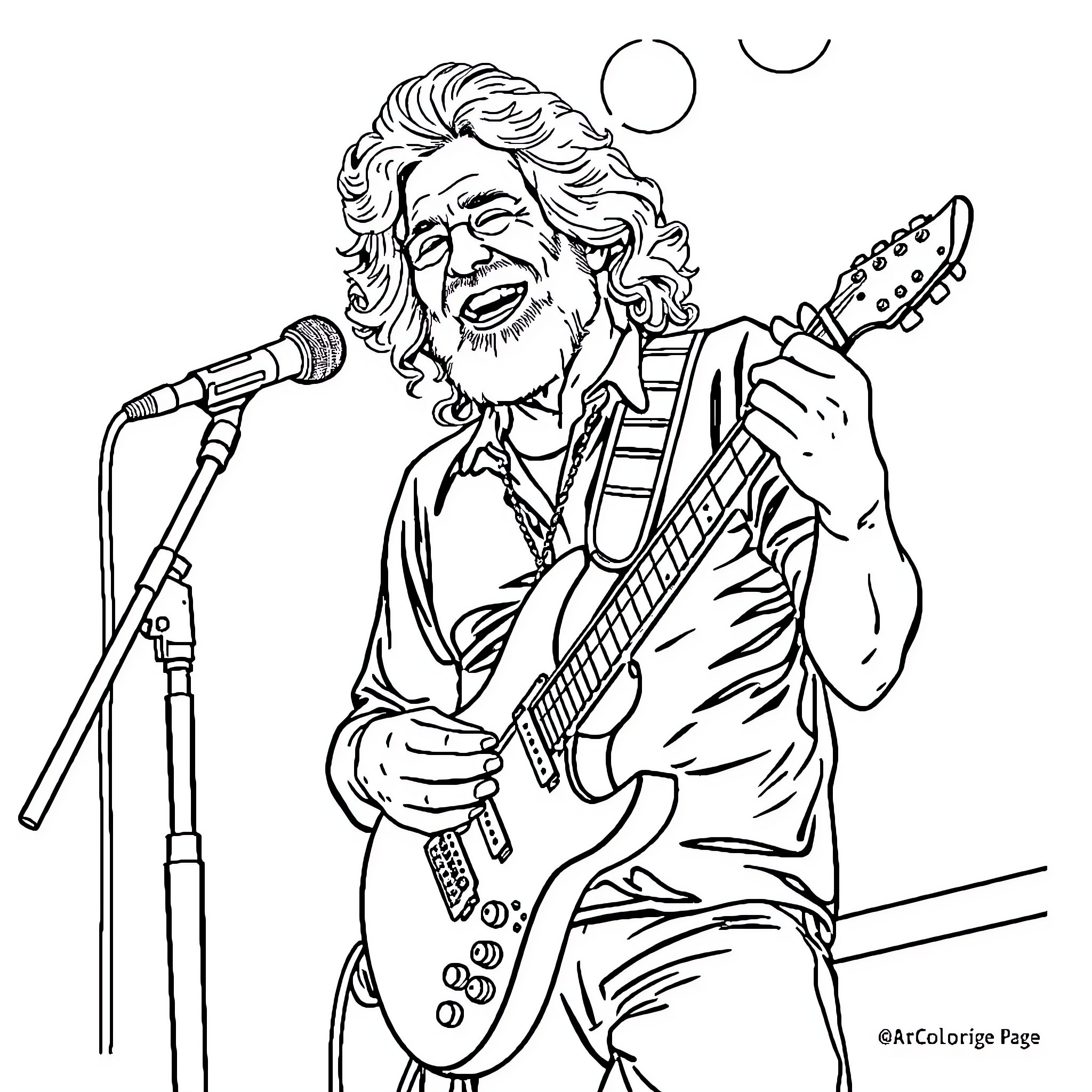 Jerry Garcia Performing on Stage with Guitar Coloring Page (free black-and-white line drawing printable PDF for all, from beginners to advanced learners, including children, teens, adults, and seniors)