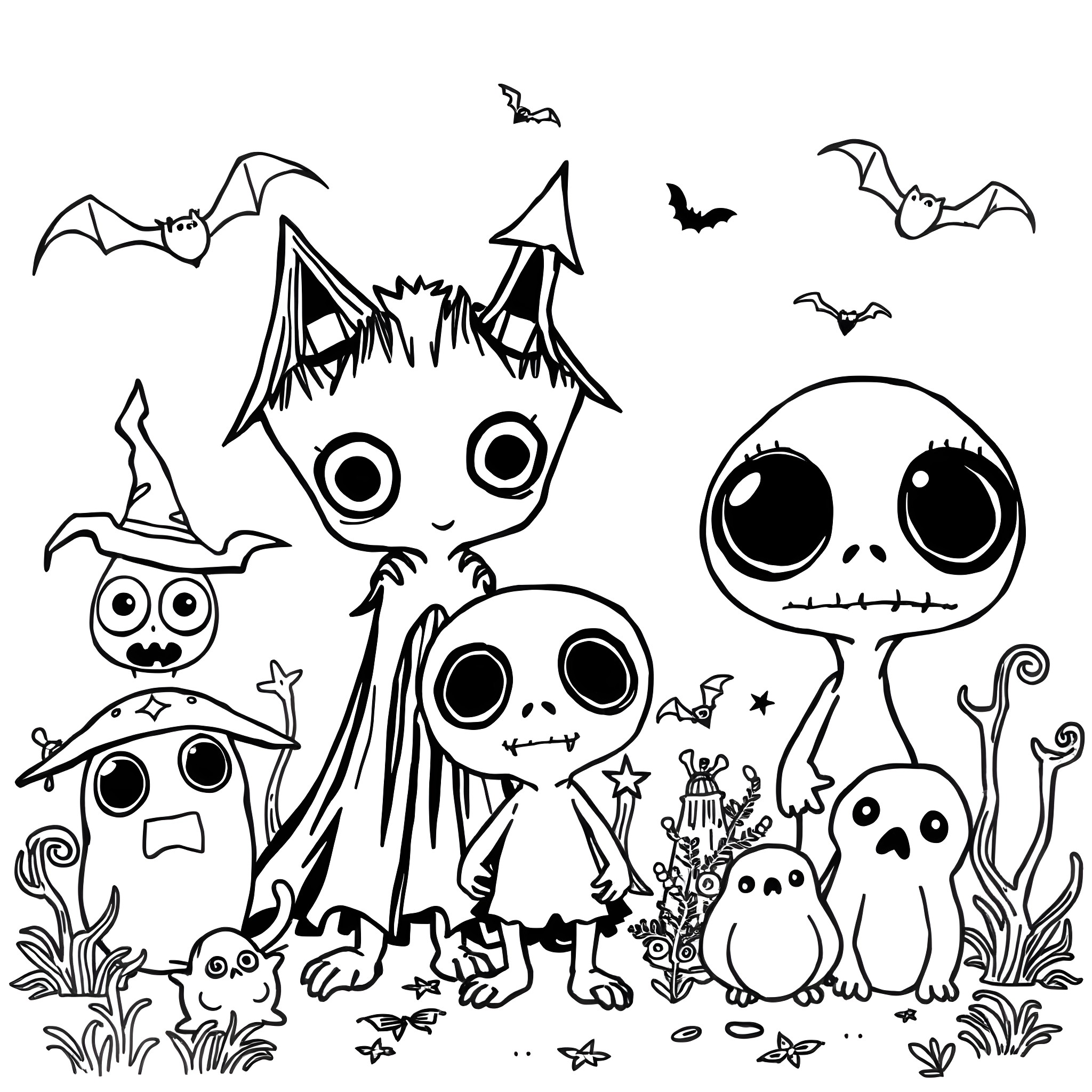Kawaii Spooky Monster Friends in Nature Coloring Page (free black-and-white line drawing printable PDF for all, from beginners to advanced learners, including children, teens, adults, and seniors)