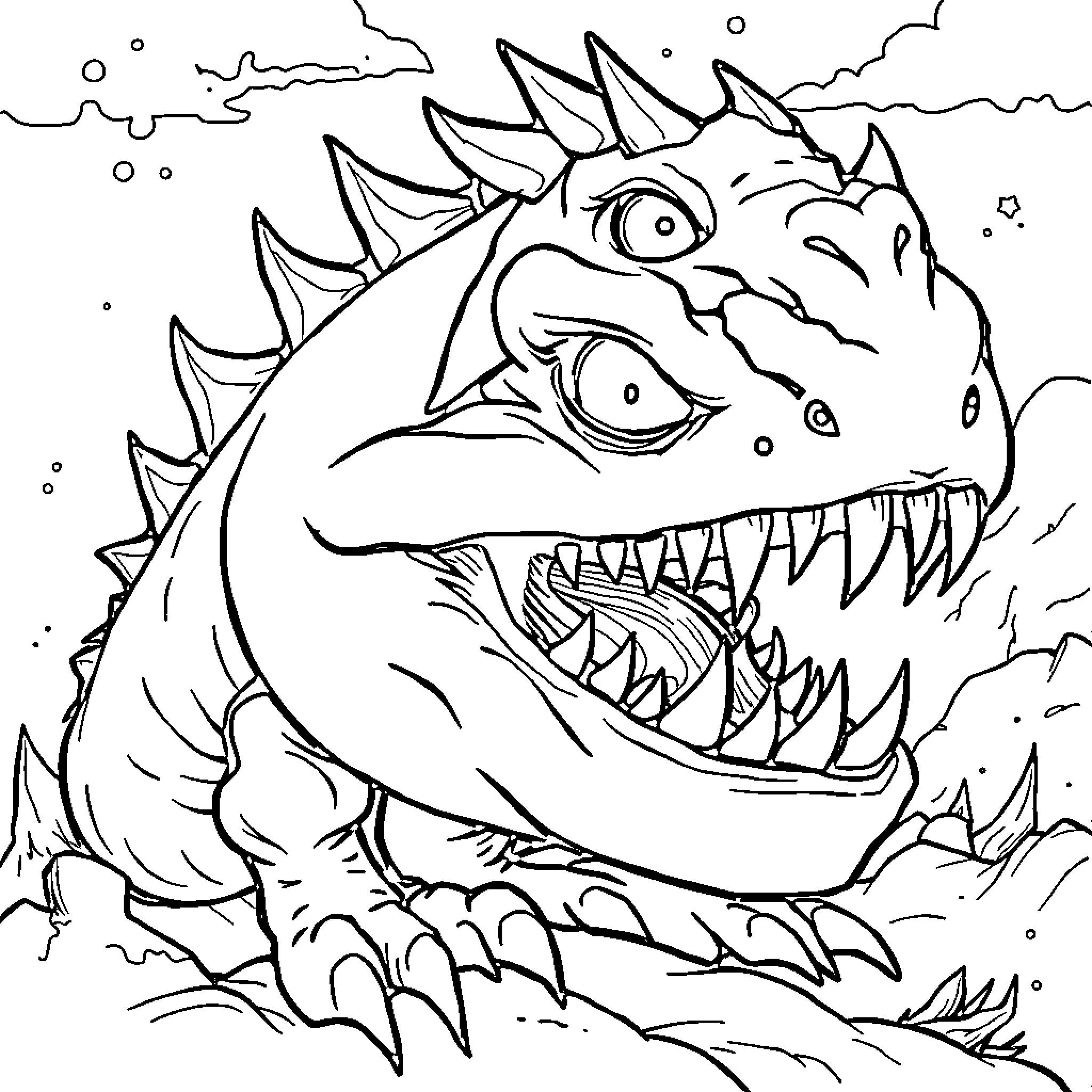 Face of a ferocious dragon emerging from the depths Coloring Page (free black-and-white line drawing printable PDF for all, from beginners to advanced learners, including children, teens, adults, and seniors)