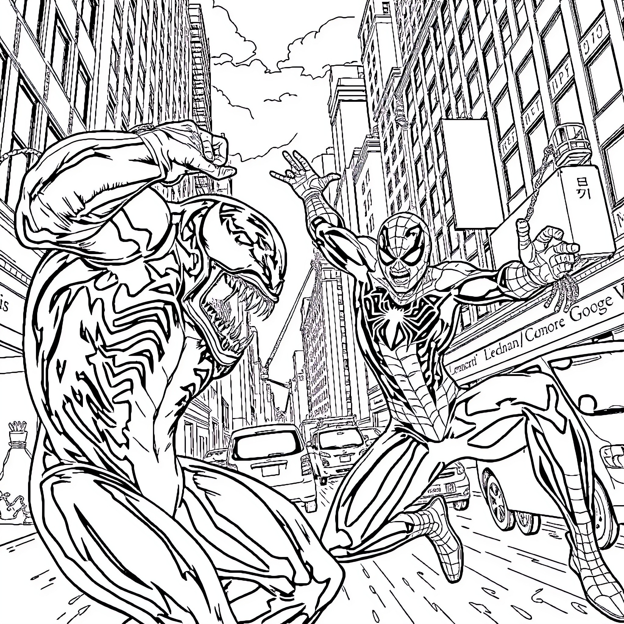 Venom and Spider-Man in an epic urban battle Coloring Page (free black-and-white line drawing printable PDF for all, from beginners to advanced learners, including children, teens, adults, and seniors)
