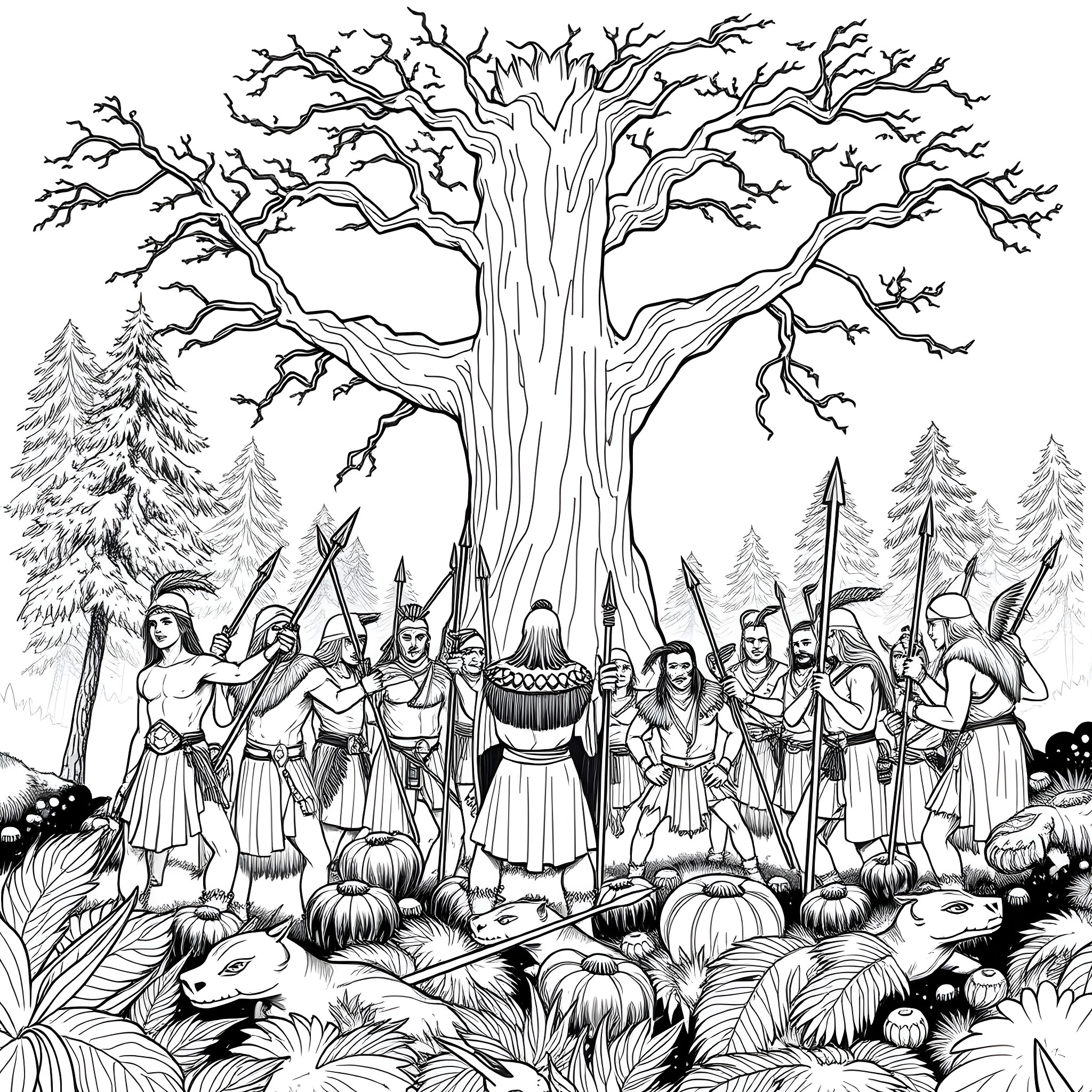 Warrior Tribe Gathering Before the Majestic Tree Coloring Page (free black-and-white line drawing printable PDF for all, from beginners to advanced learners, including children, teens, adults, and seniors)