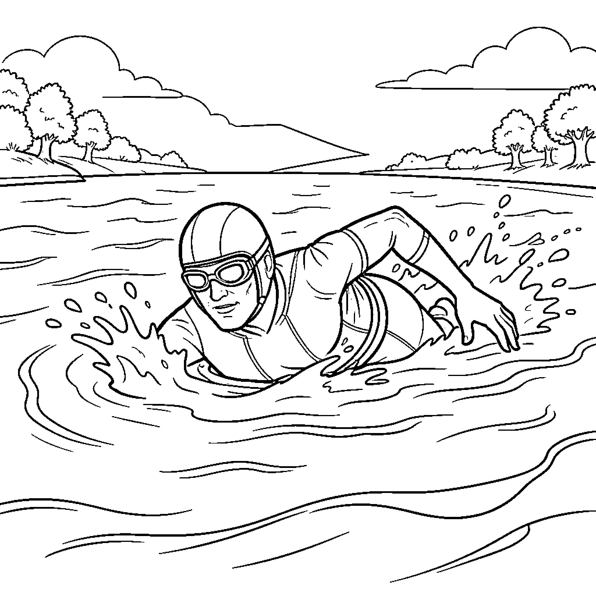 Speederman swimming vigorously through the water waves Coloring Page (free black-and-white line drawing printable PDF for all, from beginners to advanced learners, including children, teens, adults, and seniors)