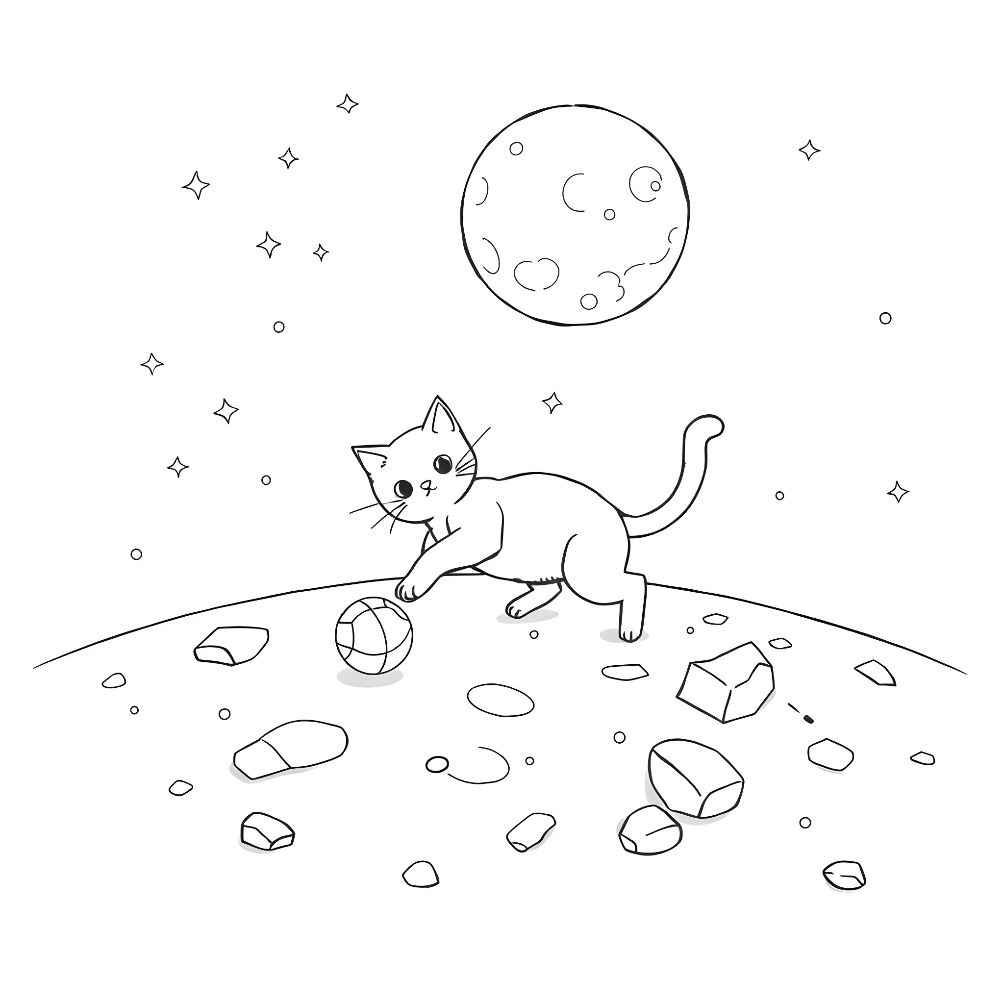 Cat exploring a moonlit landscape Coloring Page (free black-and-white line drawing printable PDF for all, from beginners to advanced learners, including children, teens, adults, and seniors)