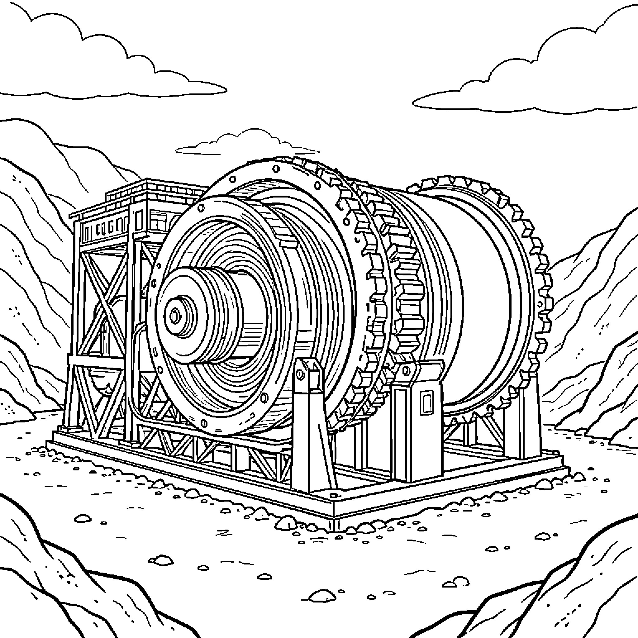 Metso Sag Mill at a mining site Coloring Page (free black-and-white line drawing printable PDF for all, from beginners to advanced learners, including children, teens, adults, and seniors)
