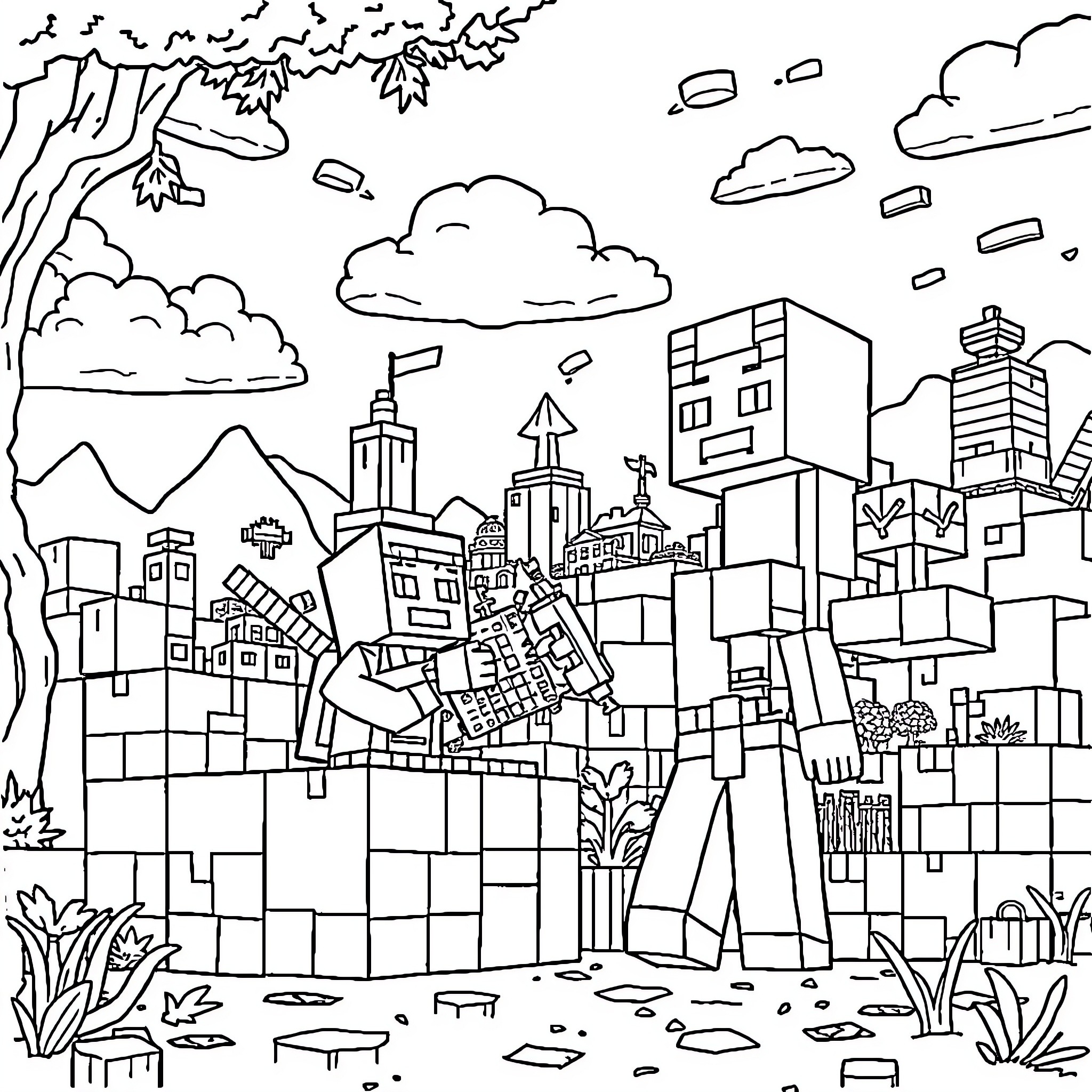 Sangoku's Vibrant Urban Landscape Coloring Page (free black-and-white line drawing printable PDF for all, from beginners to advanced learners, including children, teens, adults, and seniors)