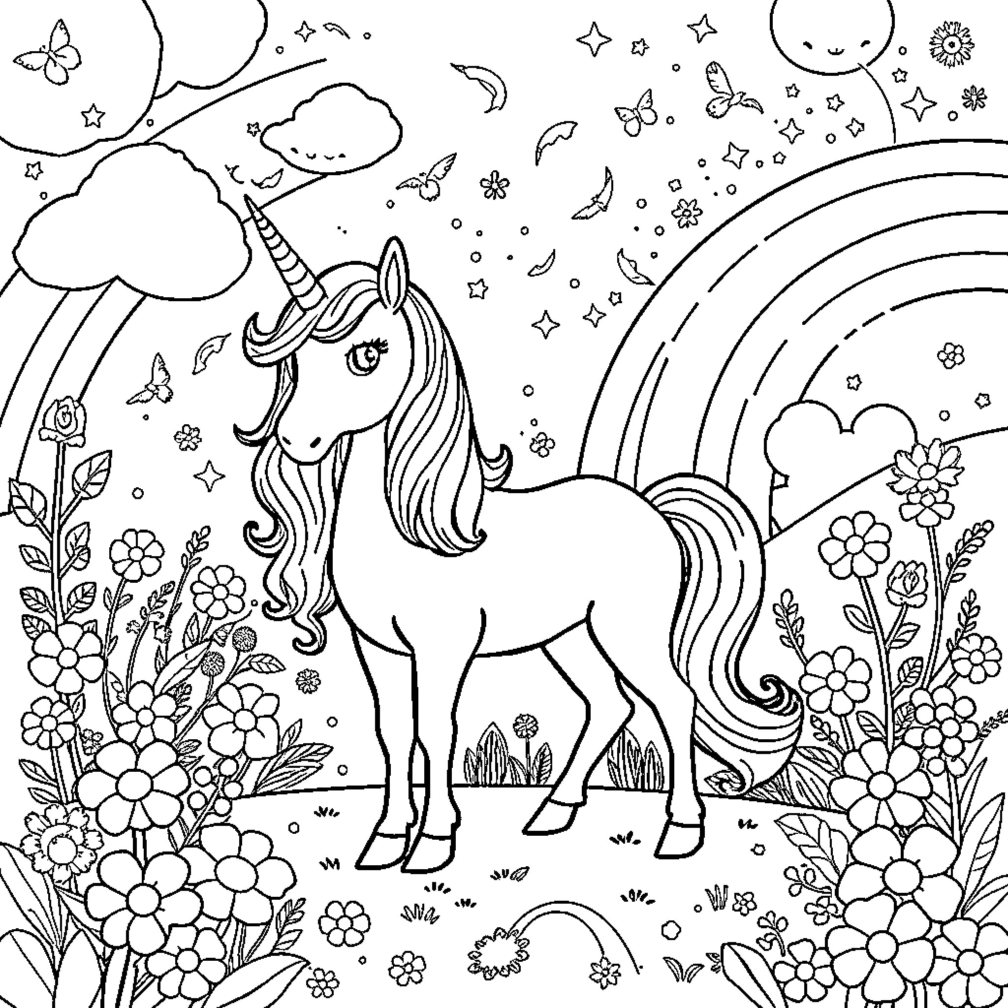 Unicorn in a Magical Floral Garden Coloring Page (free black-and-white line drawing printable PDF for all, from beginners to advanced learners, including children, teens, adults, and seniors)