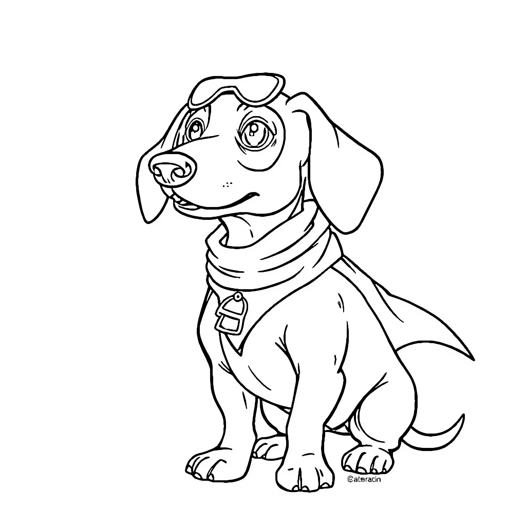 Dachshund wearing sunglasses and scarf Coloring Page (free black-and-white line drawing printable PDF for all, from beginners to advanced learners, including children, teens, adults, and seniors)