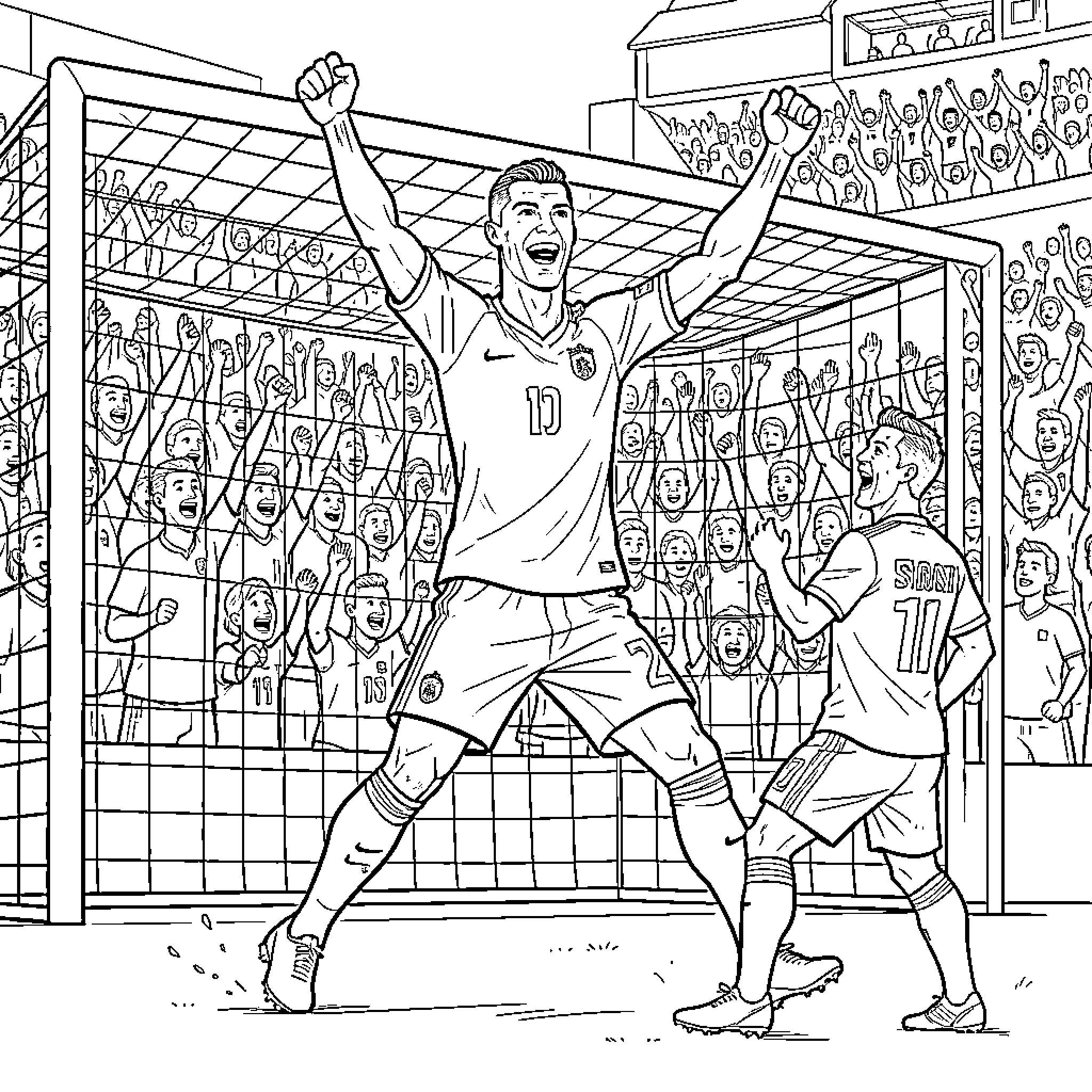 Cristiano Ronaldo celebrating a goal in front of fans Coloring Page (free black-and-white line drawing printable PDF for all, from beginners to advanced learners, including children, teens, adults, and seniors)