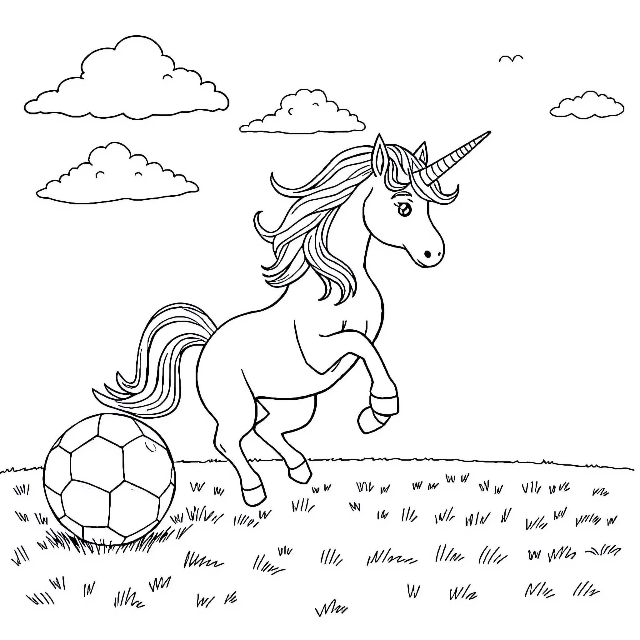 Unicorn playing with soccer ball in a field Coloring Page (free black-and-white line drawing printable PDF for all, from beginners to advanced learners, including children, teens, adults, and seniors)