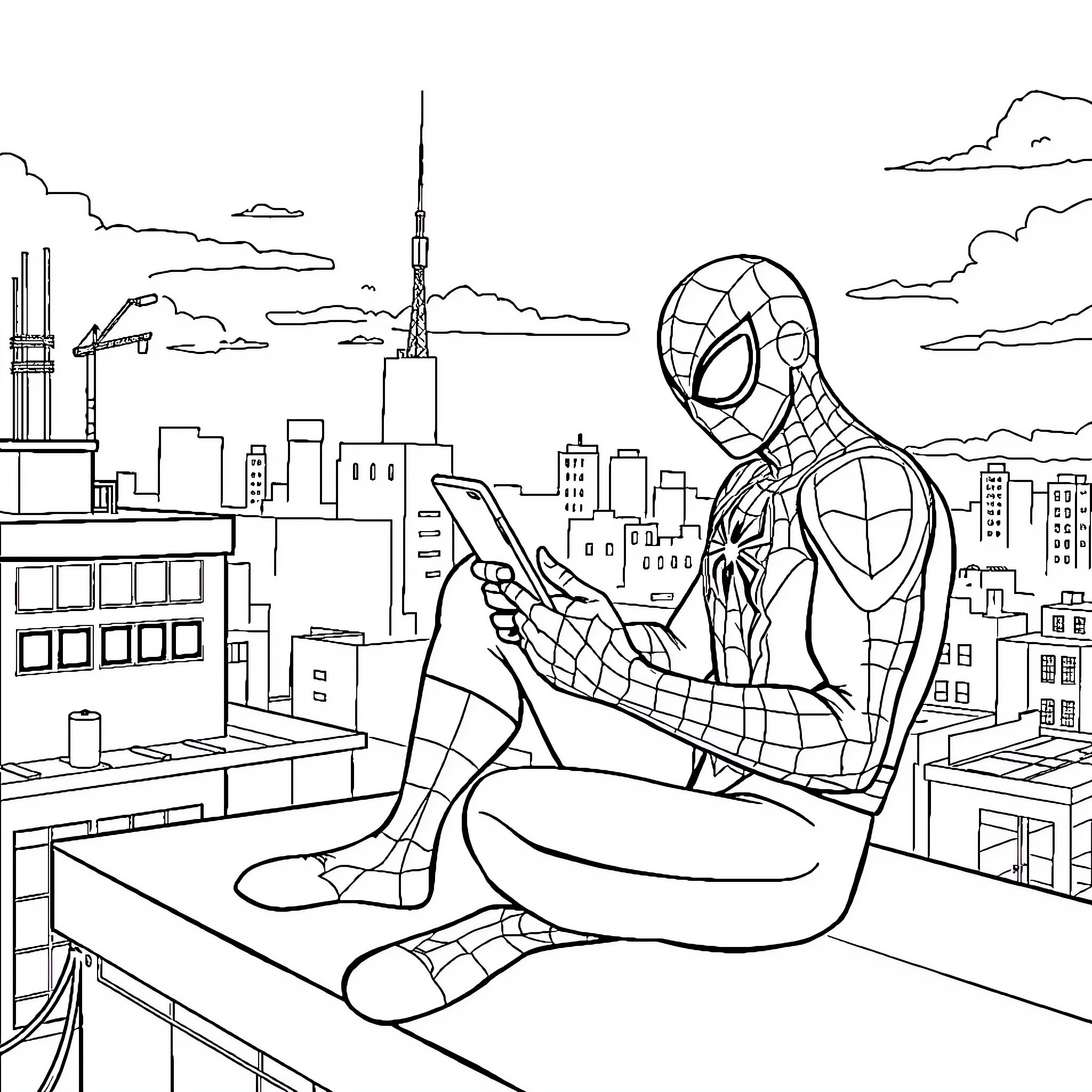 Spiderman overlooking the city skyline Coloring Page (free black-and-white line drawing printable PDF for all, from beginners to advanced learners, including children, teens, adults, and seniors)