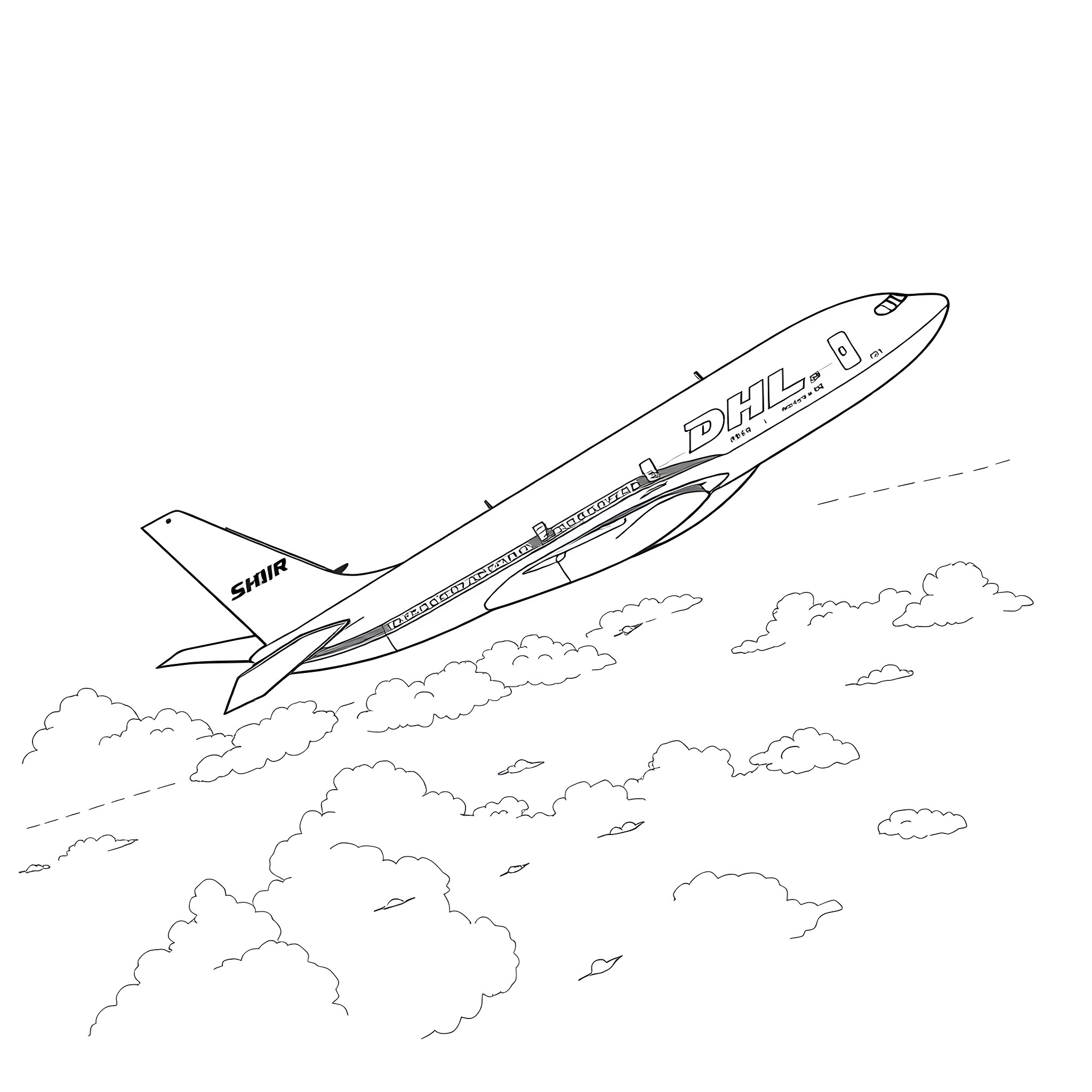 DHL Plane soaring through cloudy skies Coloring Page (free black-and-white line drawing printable PDF for all, from beginners to advanced learners, including children, teens, adults, and seniors)