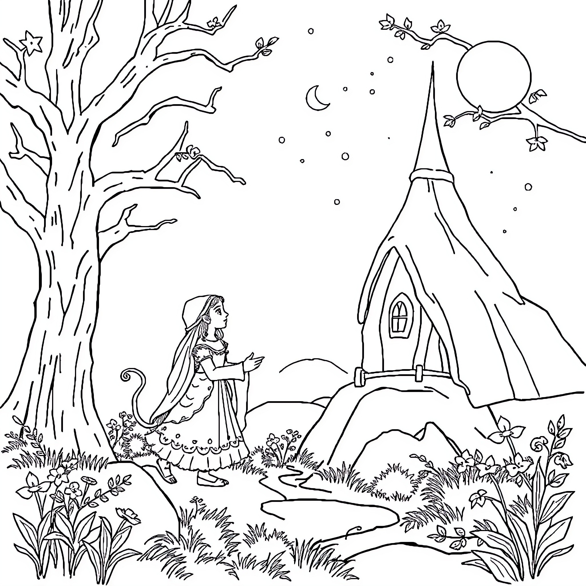 Once Upon a Time, a Maiden's Enchanted Adventure Coloring Page (free black-and-white line drawing printable PDF for all, from beginners to advanced learners, including children, teens, adults, and seniors)