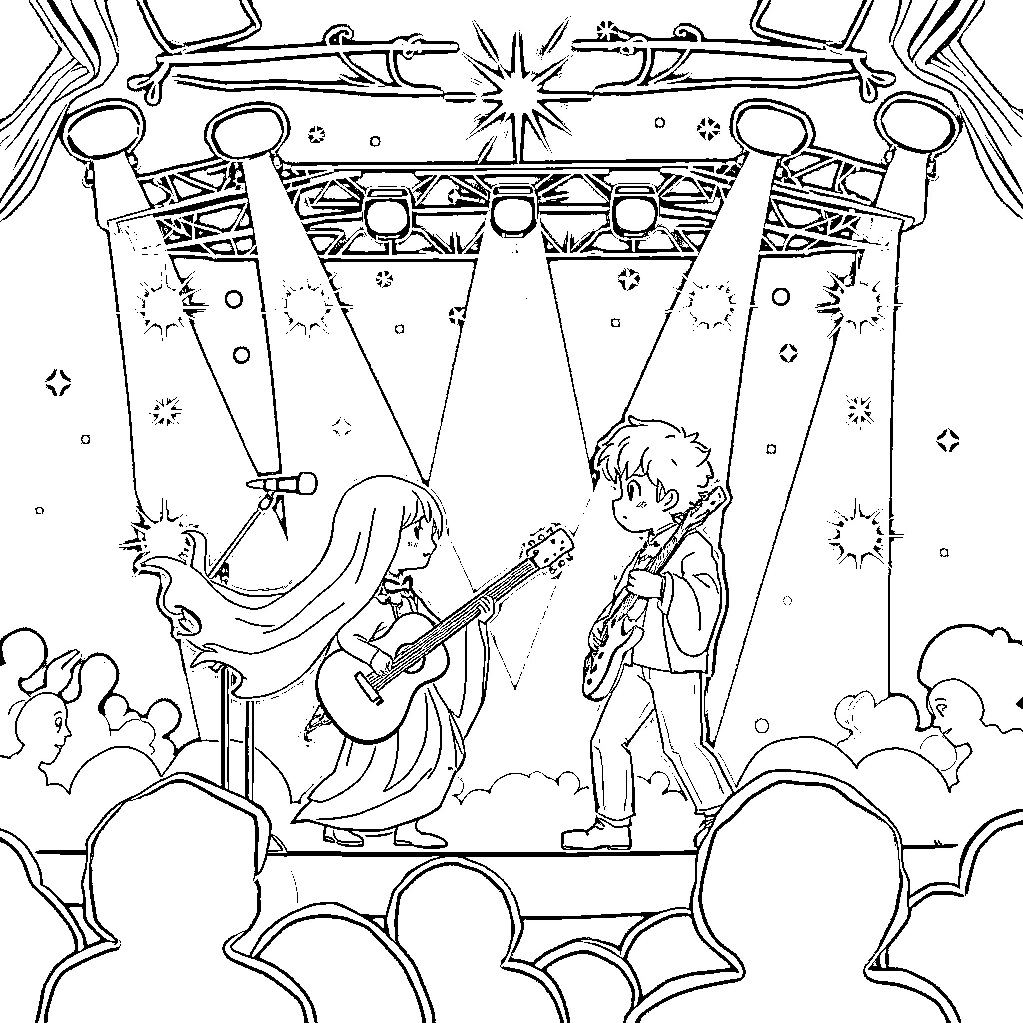 Jinu's Magical Musical Performance Coloring Page (free black-and-white line drawing printable PDF for all, from beginners to advanced learners, including children, teens, adults, and seniors)
