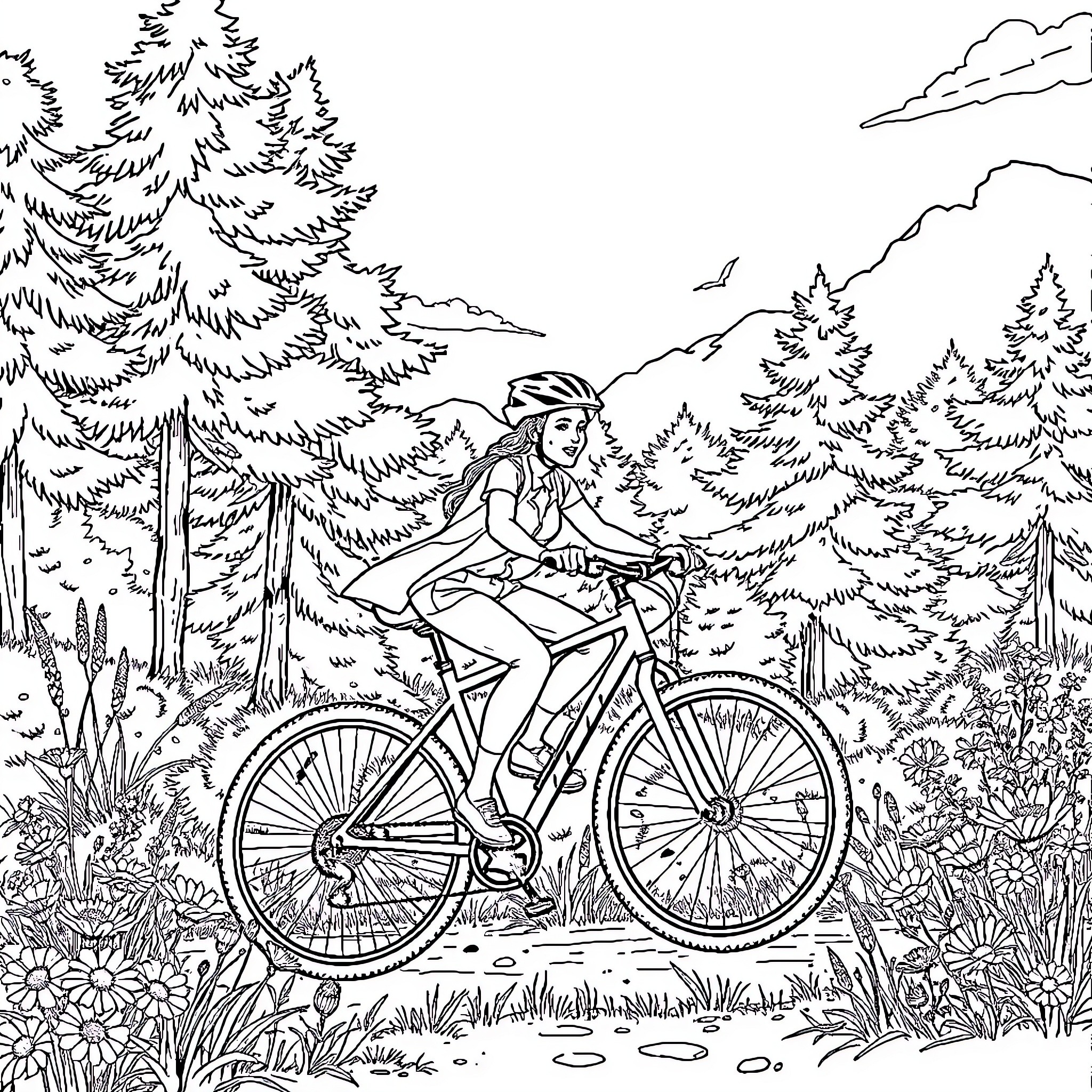 Elsa riding a bicycle through a forest landscape Coloring Page (free black-and-white line drawing printable PDF for all, from beginners to advanced learners, including children, teens, adults, and seniors)