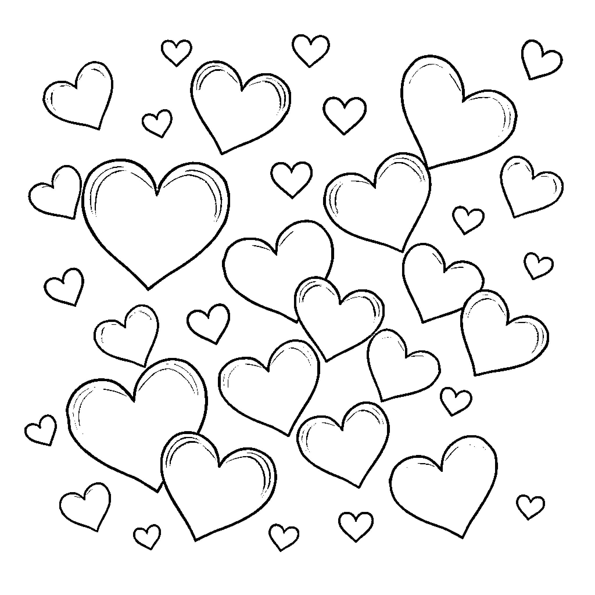 Heart Shapes Dancing in the Air Coloring Page (free black-and-white line drawing printable PDF for all, from beginners to advanced learners, including children, teens, adults, and seniors)
