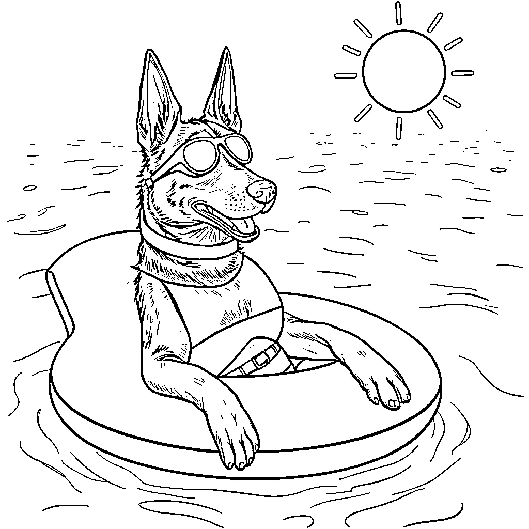 Loona relaxing in the sun on a float Coloring Page (free black-and-white line drawing printable PDF for all, from beginners to advanced learners, including children, teens, adults, and seniors)
