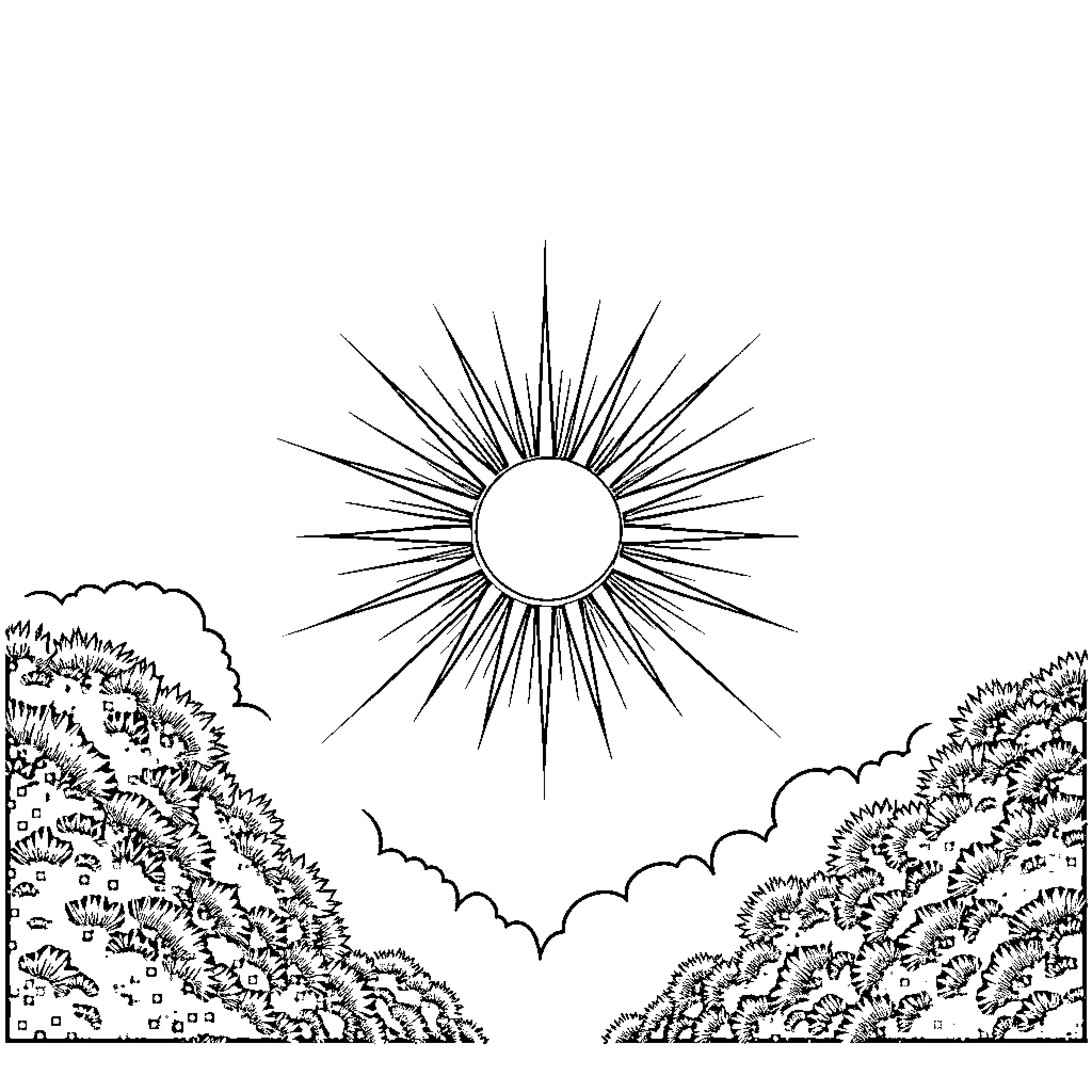 Sun shining brightly over the cloudy landscape Coloring Page (free black-and-white line drawing printable PDF for all, from beginners to advanced learners, including children, teens, adults, and seniors)